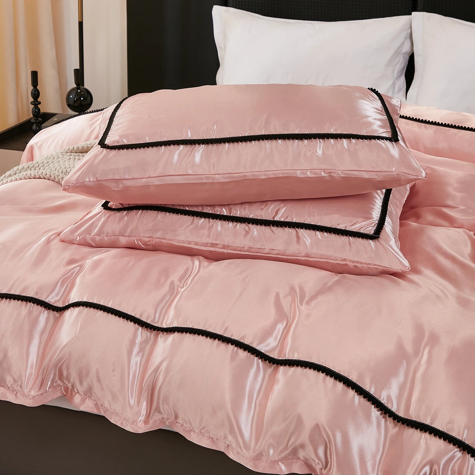 3PCS Satin Duvet Cover Set Silk White Black And Pink Bedding Comforter Cover Silky Luxury Silky Bed set Soft for All season