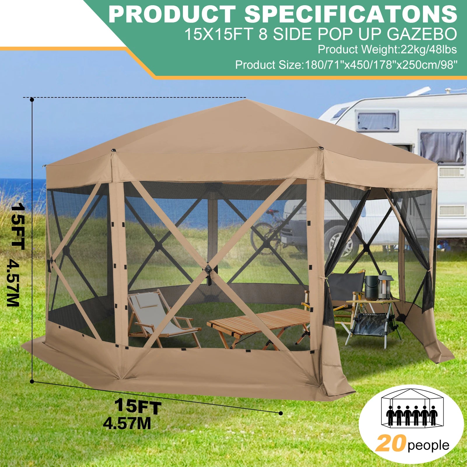 15x15ft Outdoor Tent Extra Large Pop-Up Gazebo Canopy Tent With Mosquito Netting Screened Shelter Pavilion With Ground Stakes