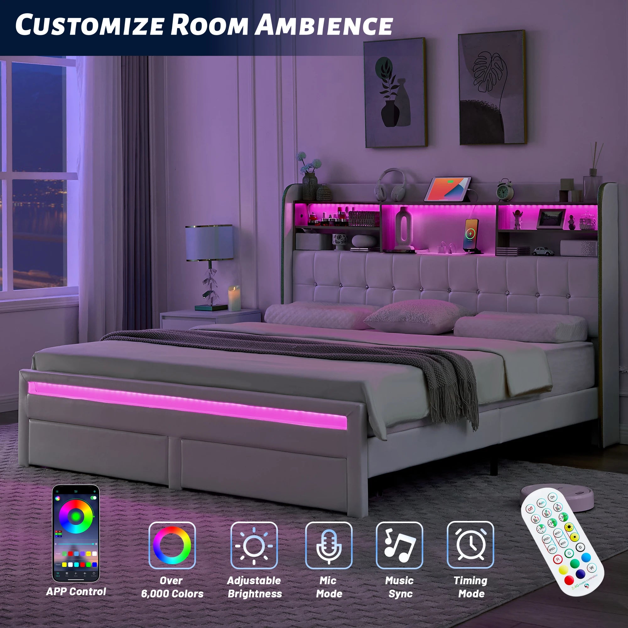 LED Upholstered Platform Bed Frame with Storage Drawers & Bookcase Headboard – Charging Station