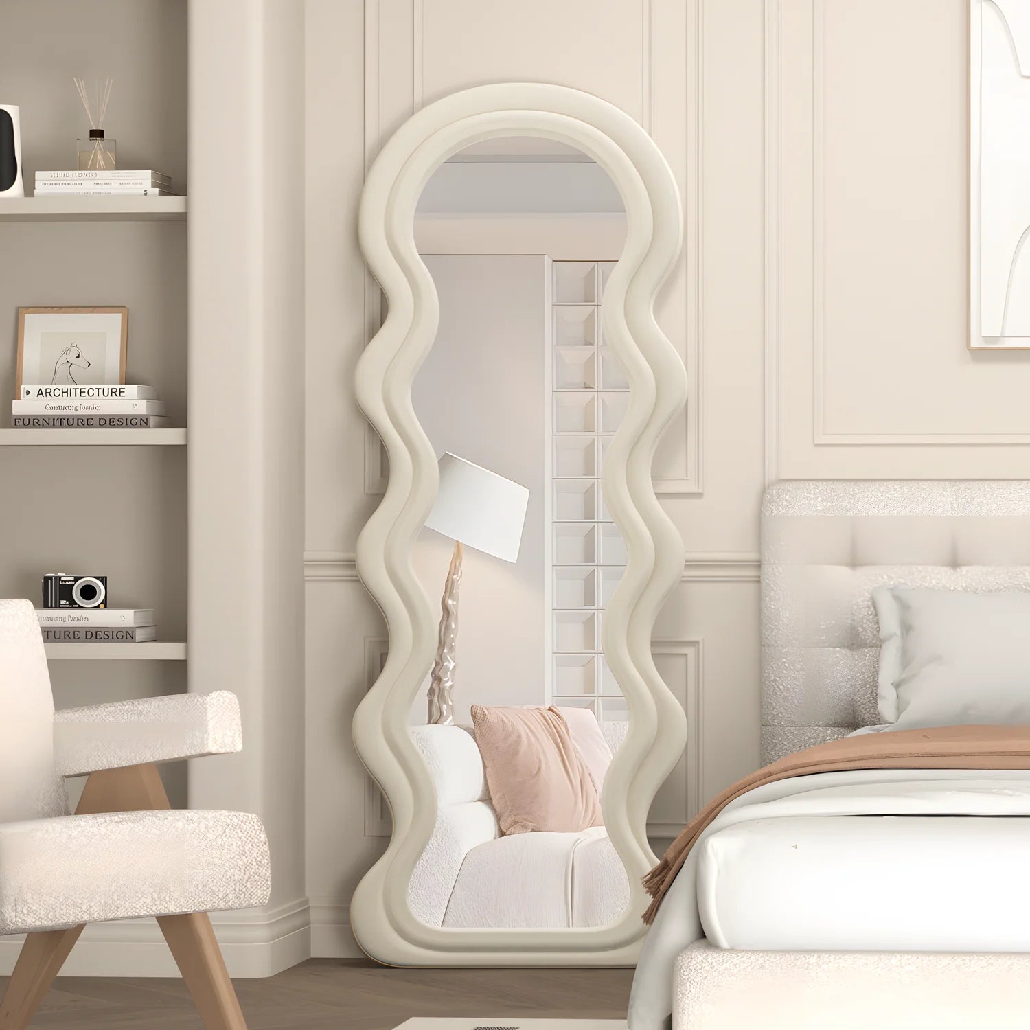 Full Length Mirror, 63" x 24" Floor Mirror, Irregular Wavy Mirror, Full Length Wall Mirror, Standing Flannel Wrapped Wooden