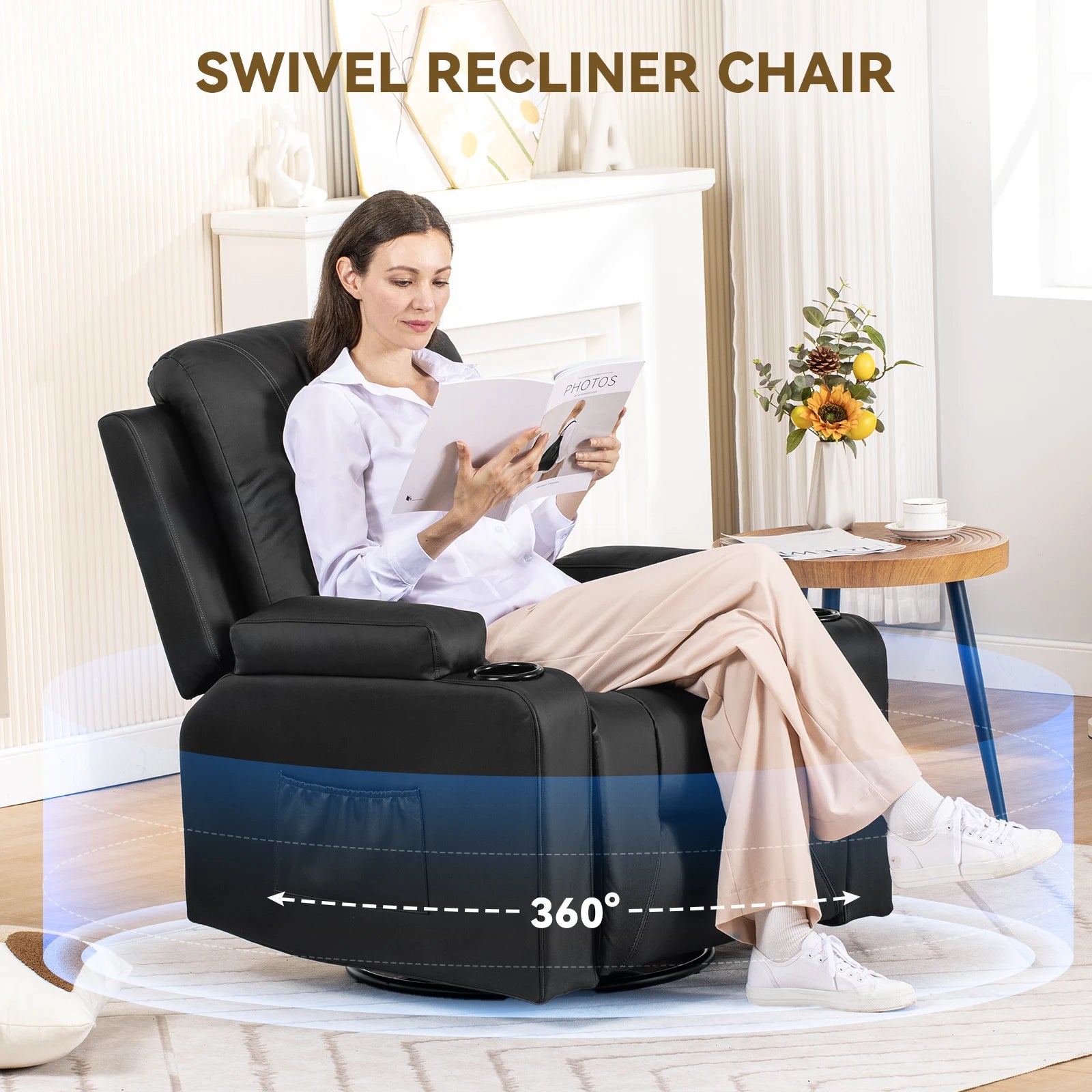 Recliner Chair, Pu Rocking Chair for Adults, Swivel Recliner with Cup Holders, Heat and Massage