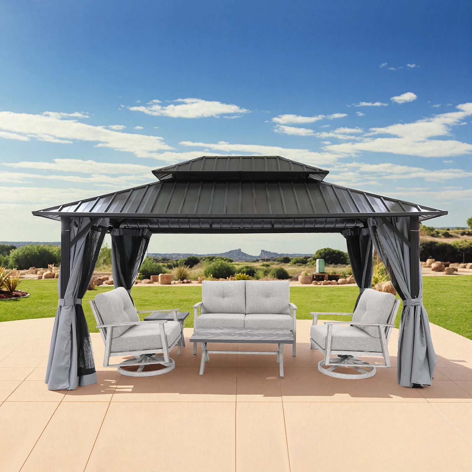 12' x 16' Outdoor Hardtop Gazebo with Aluminum Frame, Double Steel Roof Patio Pergola with Netting and Curtains