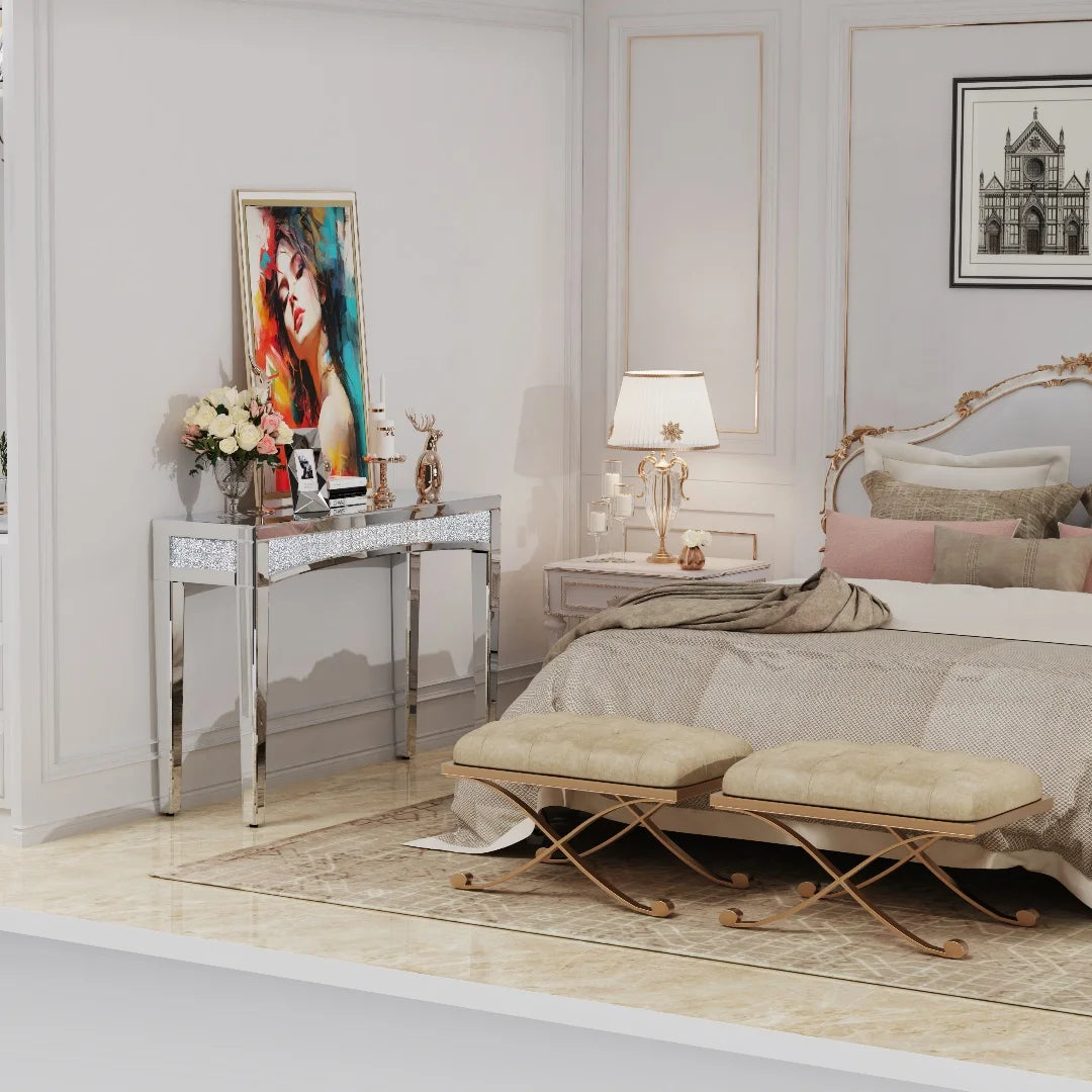 Silvered Mirrored Console Table Sparkle Crush Diamonds Entryway Table Sofa Behind Furniture