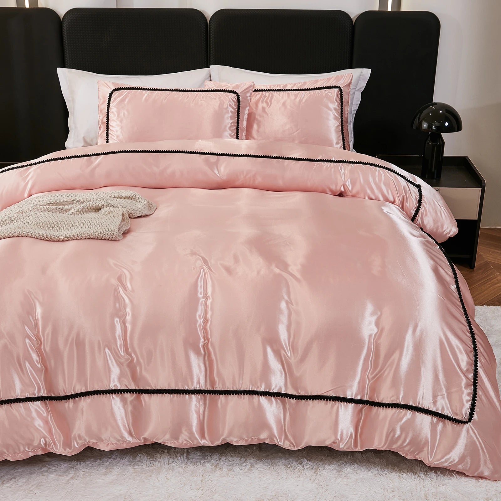 3PCS Satin Duvet Cover Set Silk White Black And Pink Bedding Comforter Cover Silky Luxury Silky Bed set Soft for All season