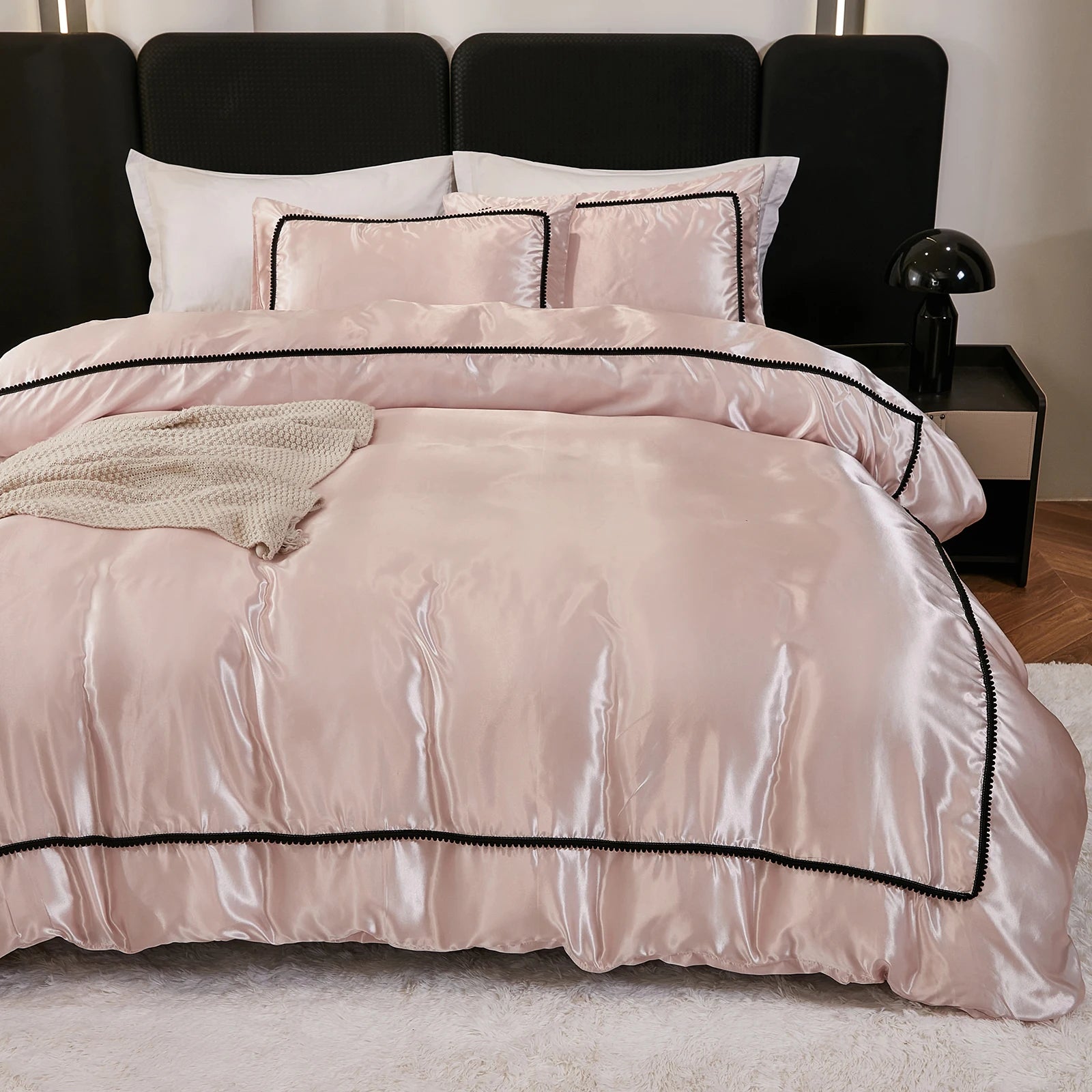 3PCS Satin Duvet Cover Set Silk White Black And Pink Bedding Comforter Cover Silky Luxury Silky Bed set Soft for All season