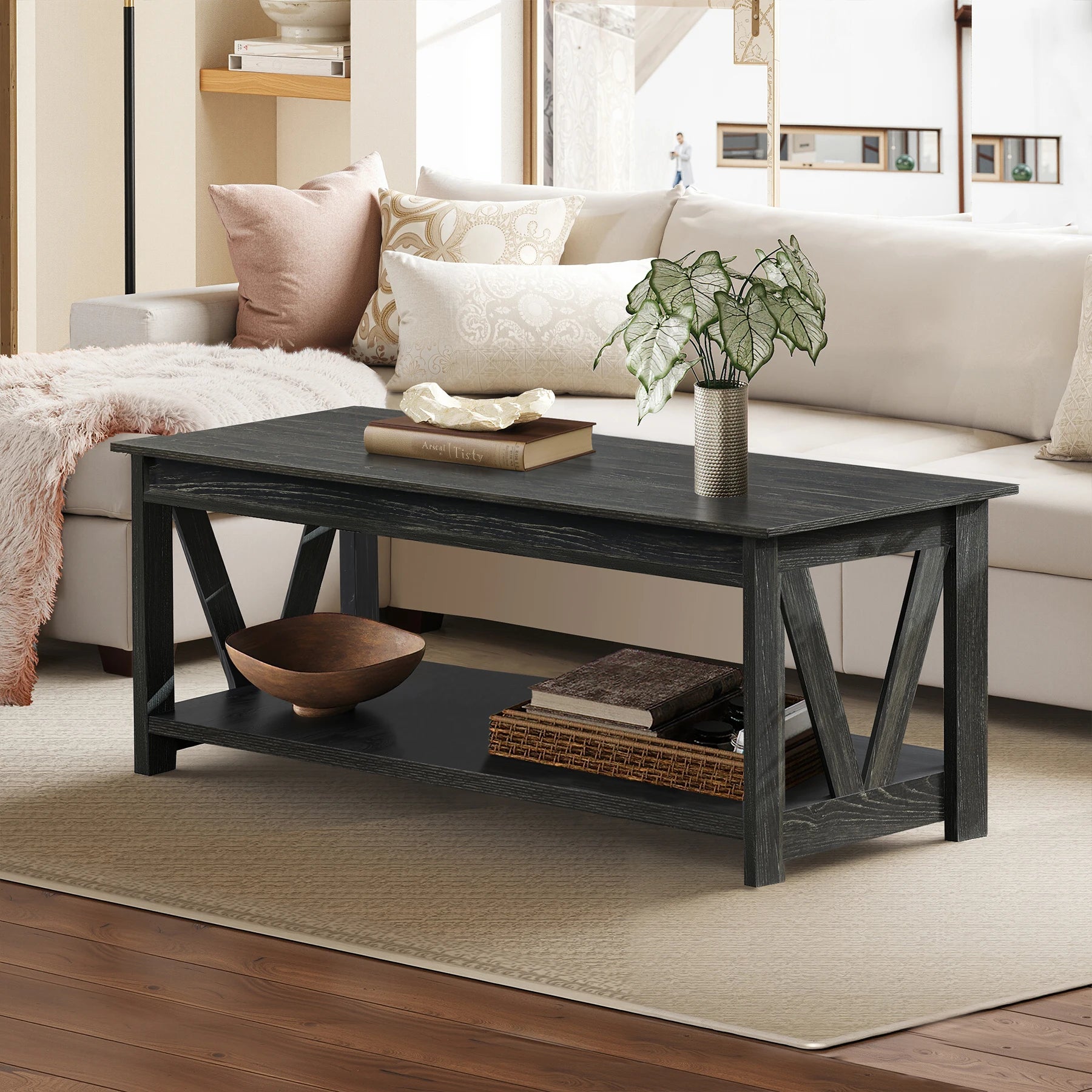 Farmhouse Wood Coffee Table with Storage Shelf – V-Shaped Support Center Table