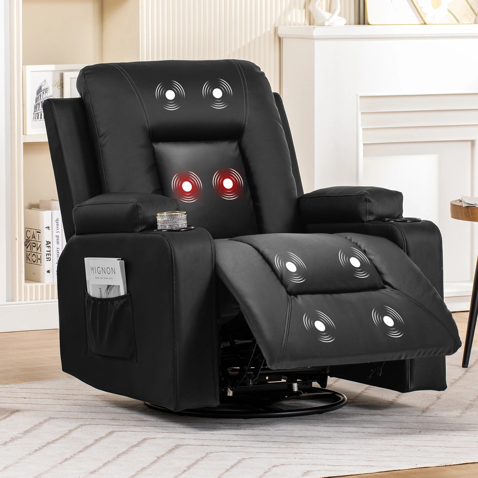 Recliner Chair, Pu Rocking Chair for Adults, Swivel Recliner with Cup Holders, Heat and Massage