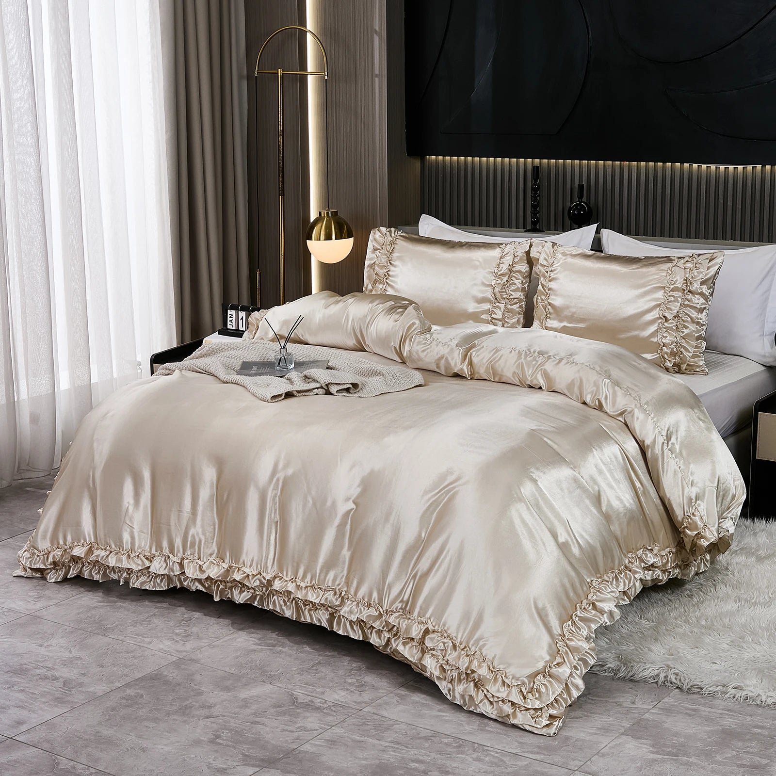 3PCS Satin Duvet Cover Set Silk White Khaki And Pink Bedding Comforter Cover Silky Ruffle Pattern Luxury Silky Bed set Soft