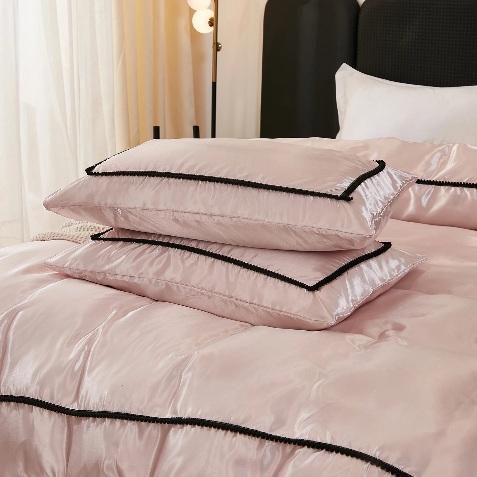 3PCS Satin Duvet Cover Set Silk White Black And Pink Bedding Comforter Cover Silky Luxury Silky Bed set Soft for All season
