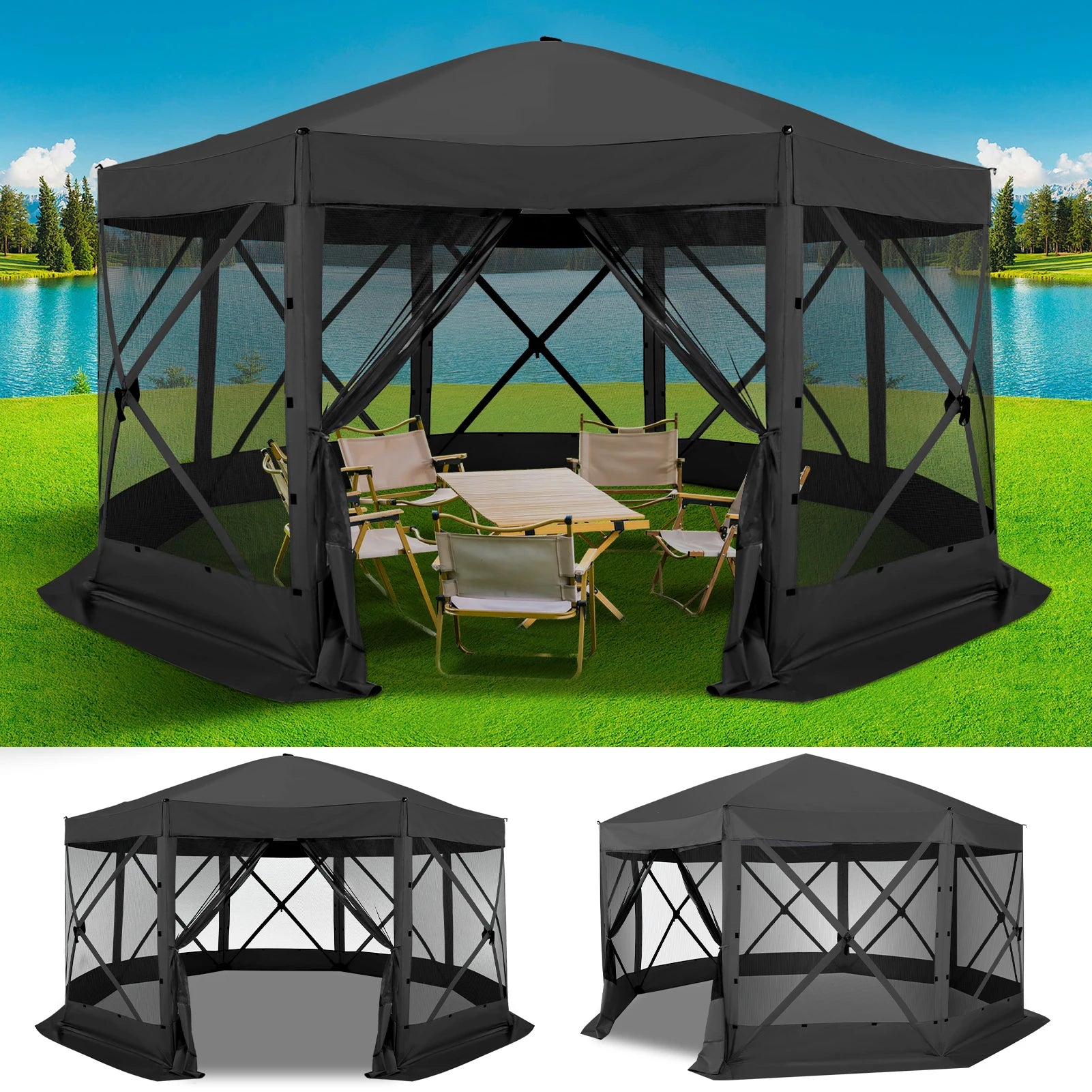 15x15ft Outdoor Tent Extra Large Pop-Up Gazebo Canopy Tent With Mosquito Netting Screened Shelter Pavilion With Ground Stakes