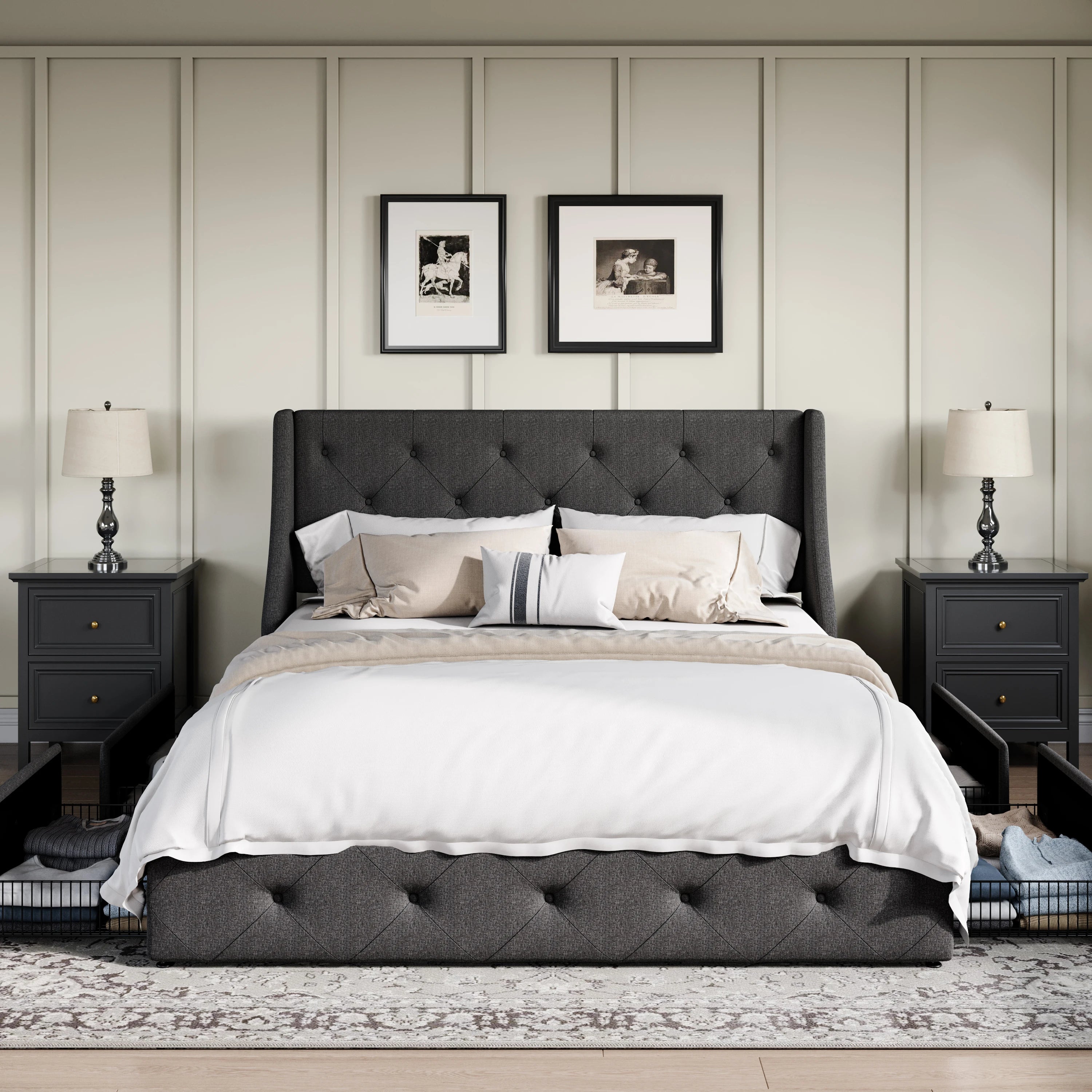 Upholstered Platform Bed Frame with 4 Storage Drawers – Wingback Button-Tufted Headboard