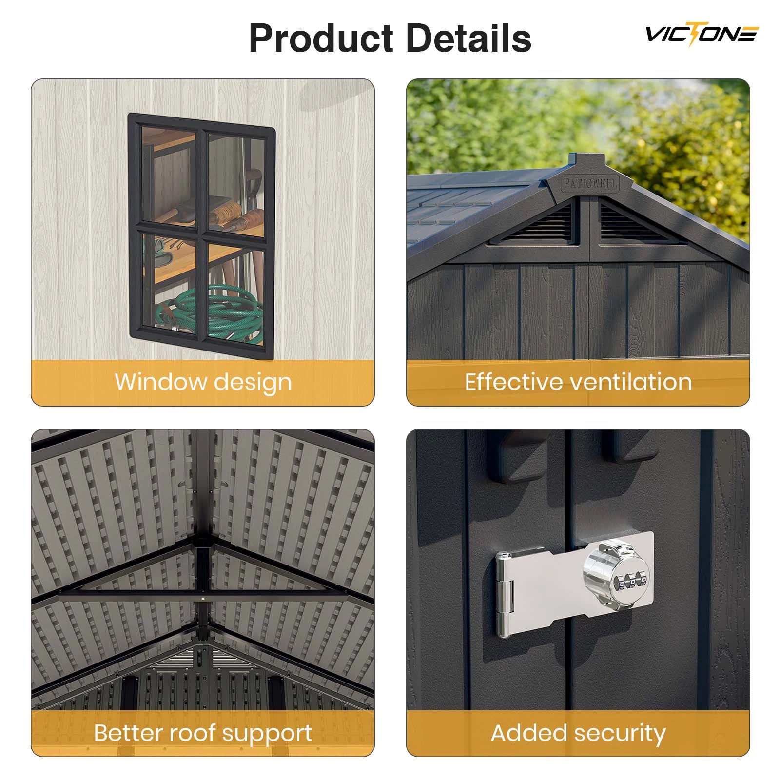 Victone 8' x 6' Plastic Outdoor Storage Shed with Floor, Resin Shed with Window and Lockable Door for your Garden, Off White