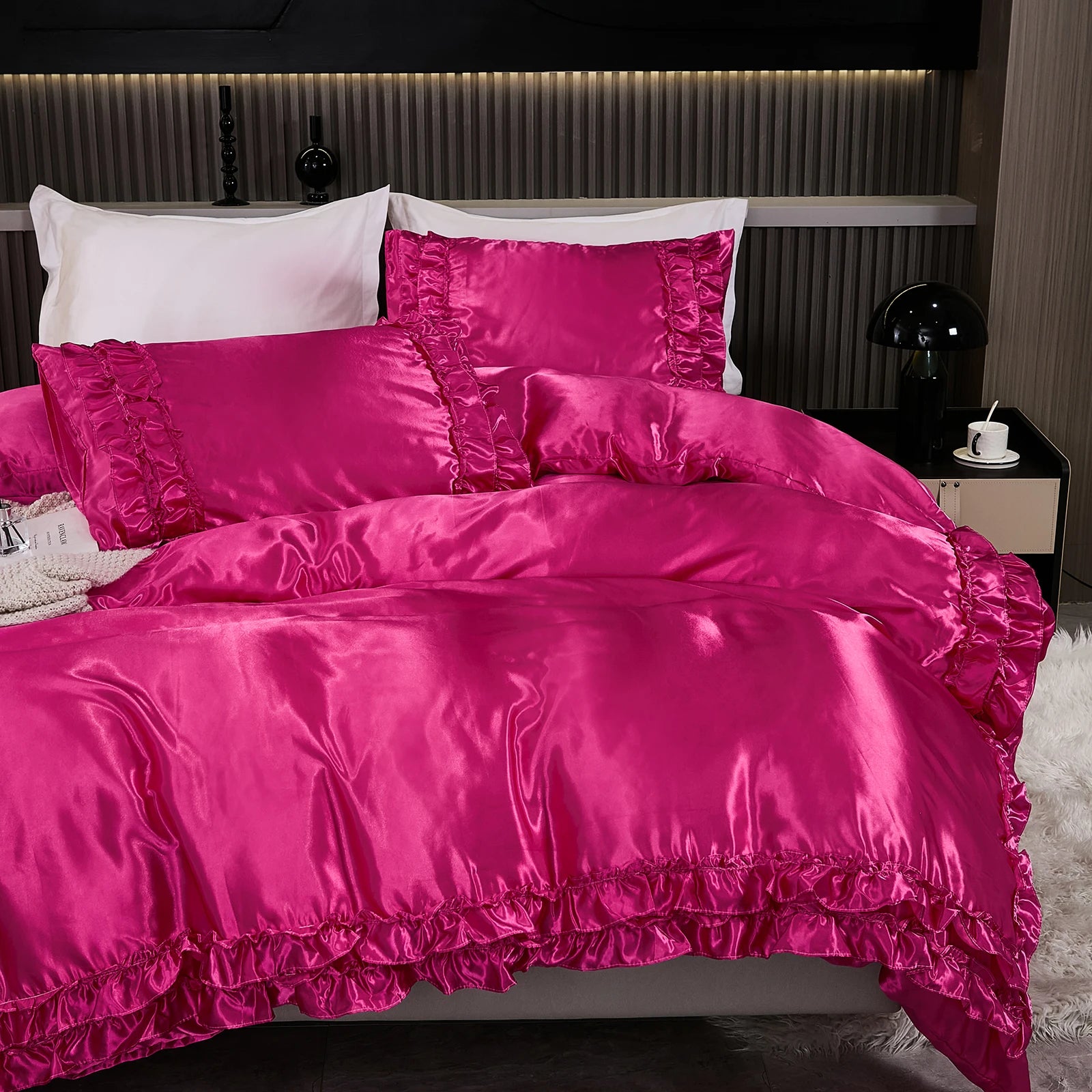 3PCS Satin Duvet Cover Set Silk White Khaki And Pink Bedding Comforter Cover Silky Ruffle Pattern Luxury Silky Bed set Soft