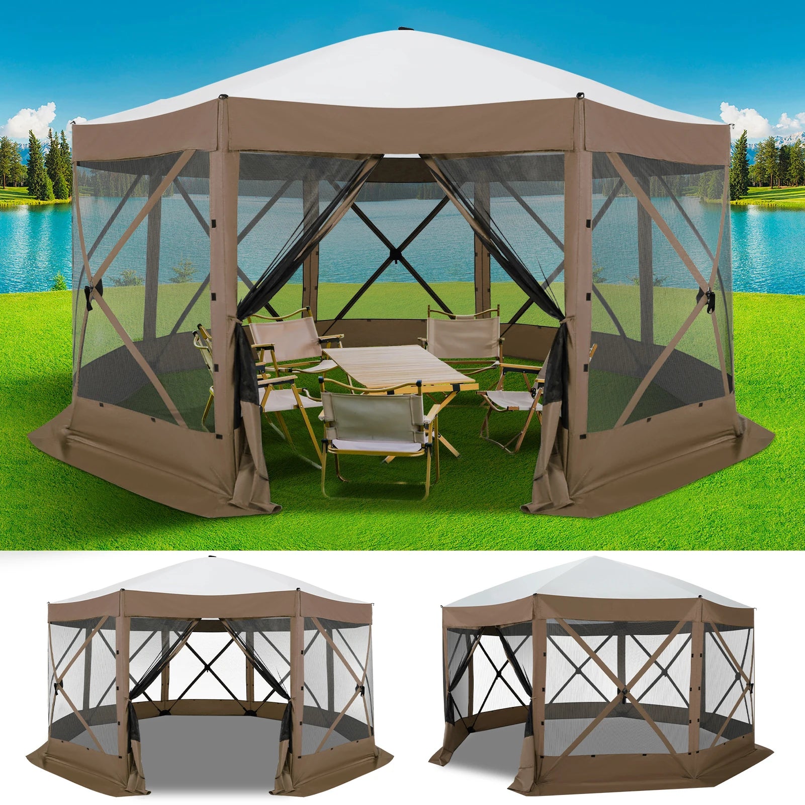 15x15ft Outdoor Tent Extra Large Pop-Up Gazebo Canopy Tent With Mosquito Netting Screened Shelter Pavilion With Ground Stakes