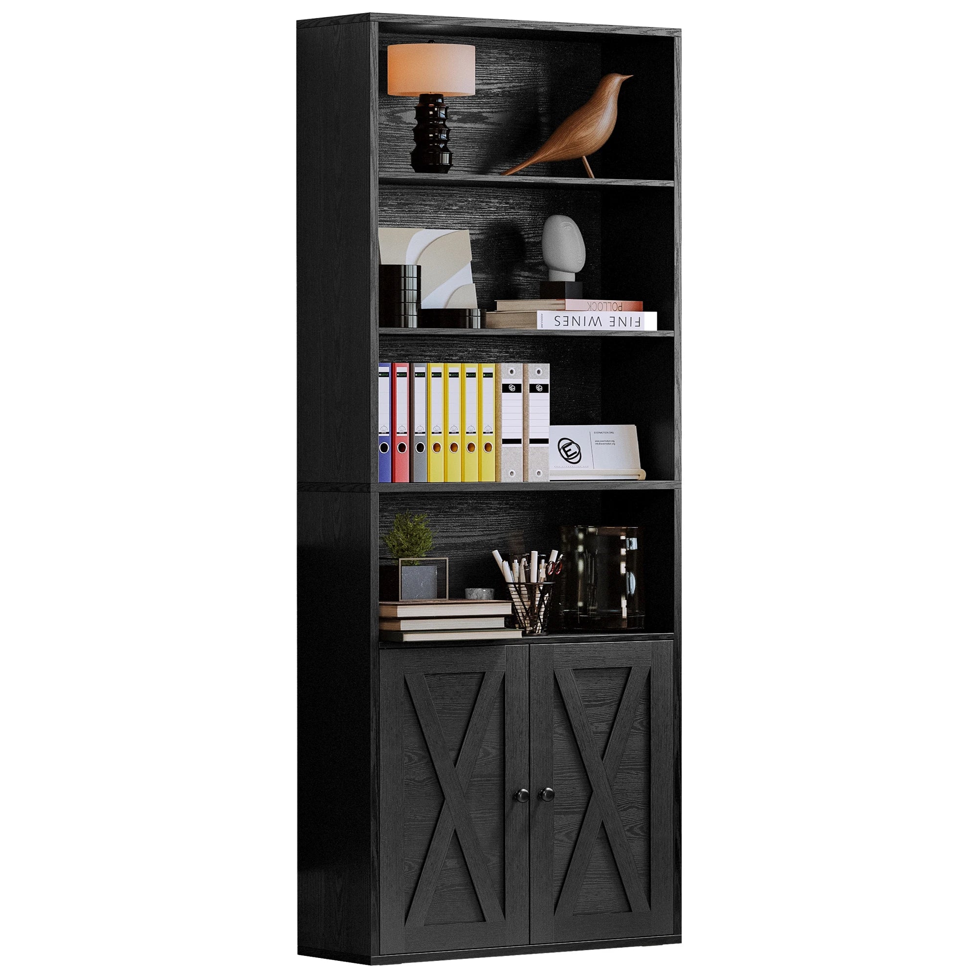 Industrial 6-Shelf Bookcase with Doors – 70″ Floor-Standing Storage & Display Bookshelf
