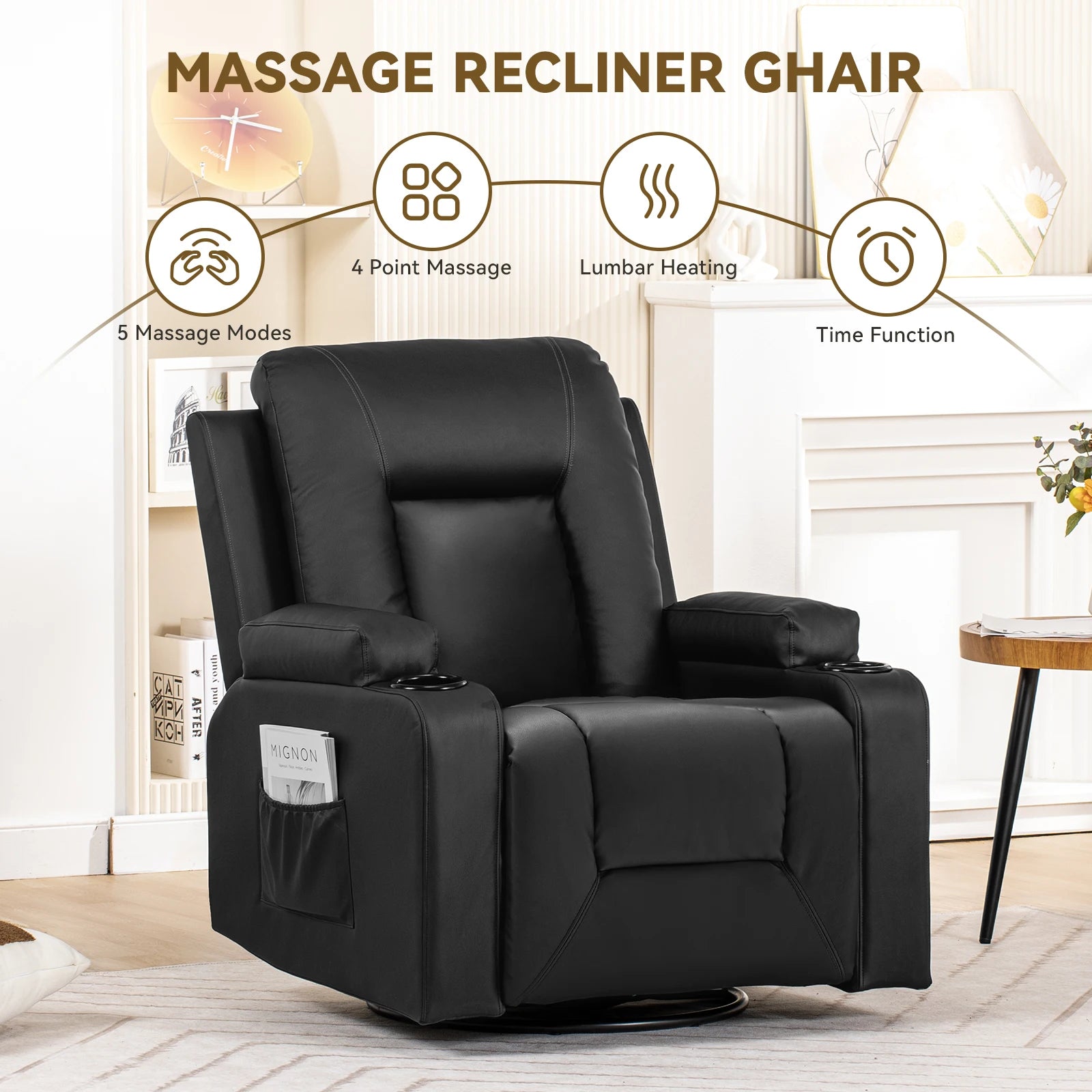 Recliner Chair, Pu Rocking Chair for Adults, Swivel Recliner with Cup Holders, Heat and Massage