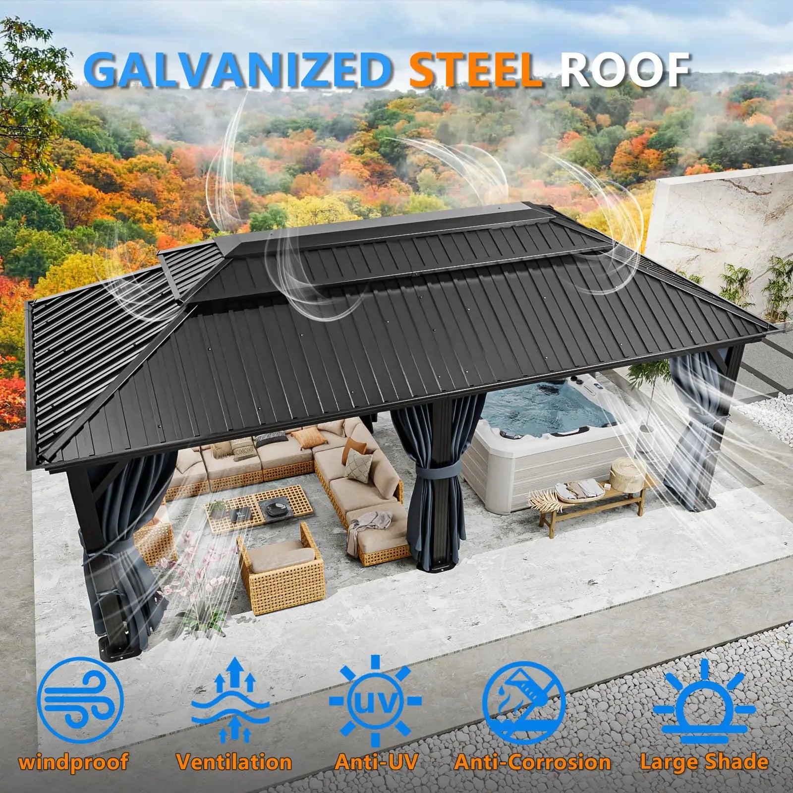 12×20 Hardtop Gazebo with Metal Roof, Heavy Duty Galvanized Steel Gazebo with Reinforced Aluminum Frame, Flame-Resistant Curtain