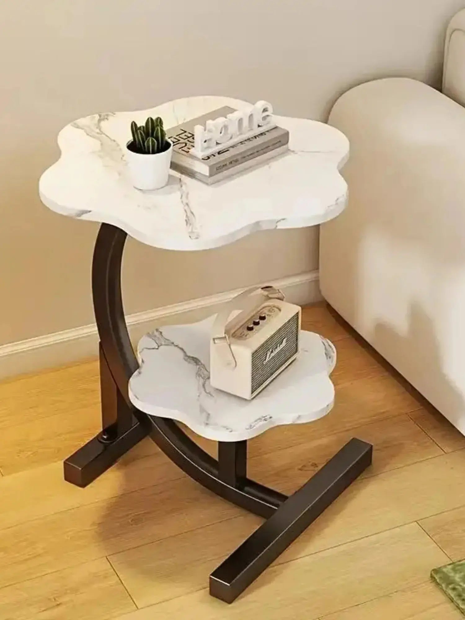 Elegant 2 Layers Flower Shape table Marble Texture, Small ,C-shaped Side Table for Sofa, Living Room, Kitchen , Bedroom