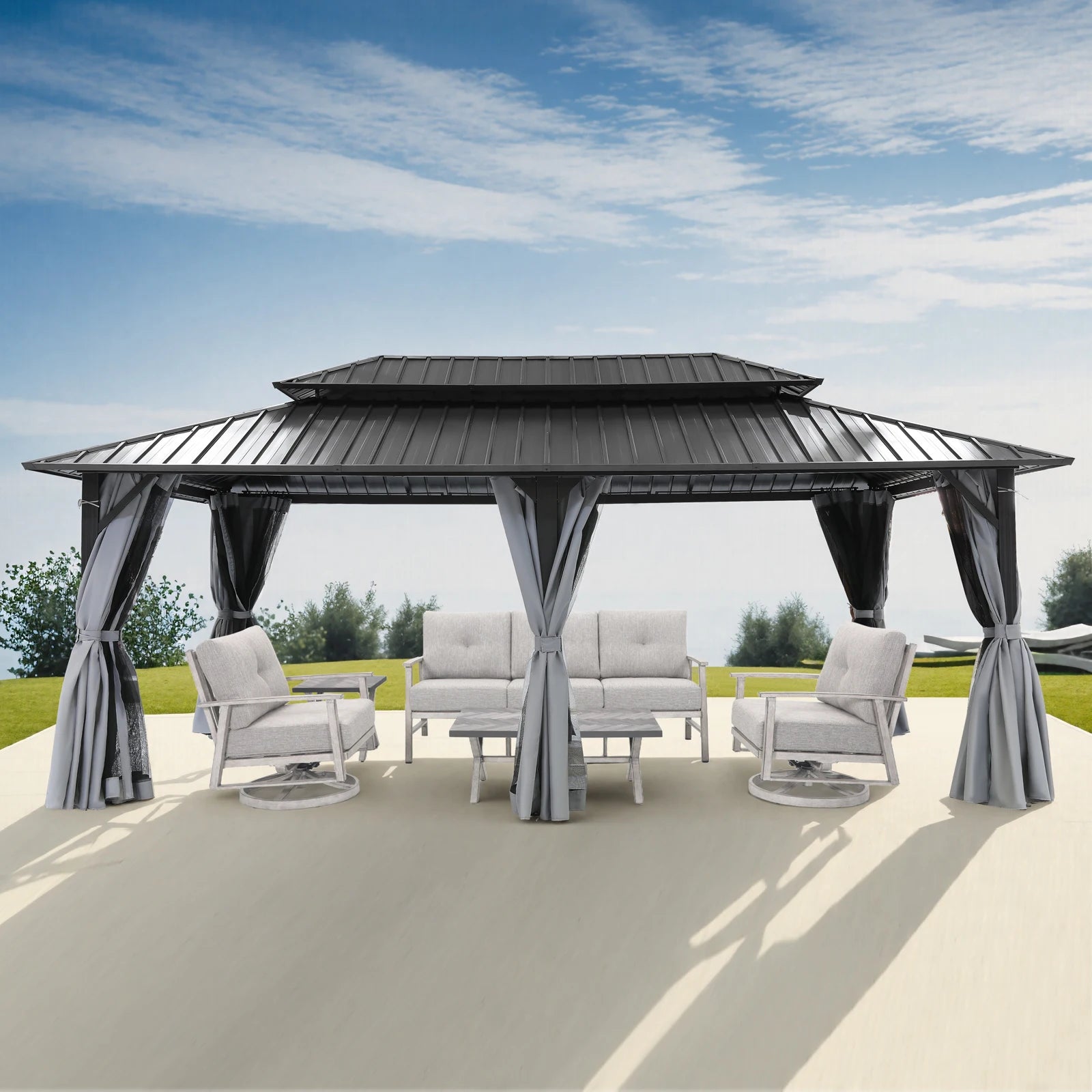 12' x 20' Large Aluminum Hardtop Gazebo, Outdoor Patio Pergola with Double Steel Roofs, Netting and Side Curtains