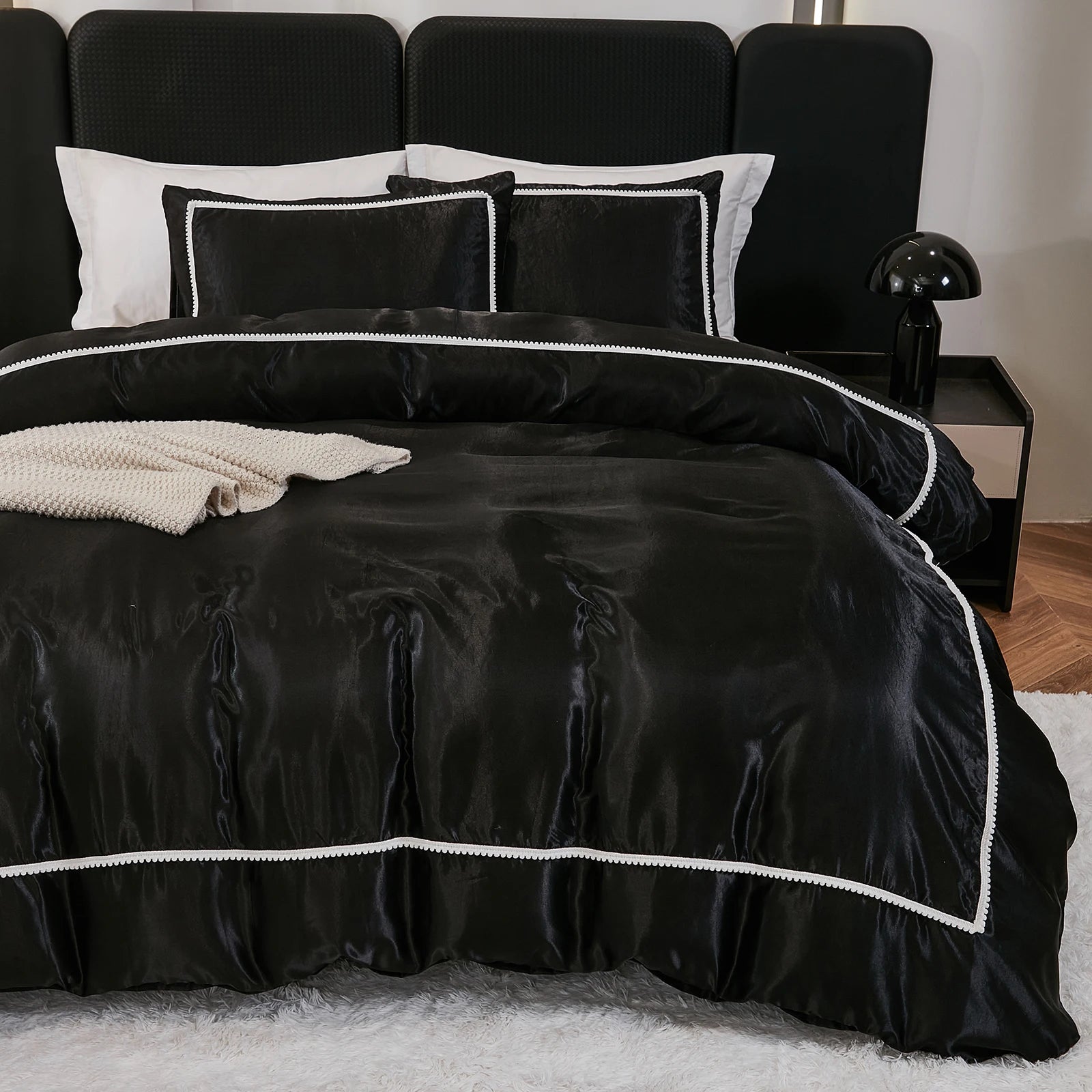 3PCS Satin Duvet Cover Set Silk White Black And Pink Bedding Comforter Cover Silky Luxury Silky Bed set Soft for All season