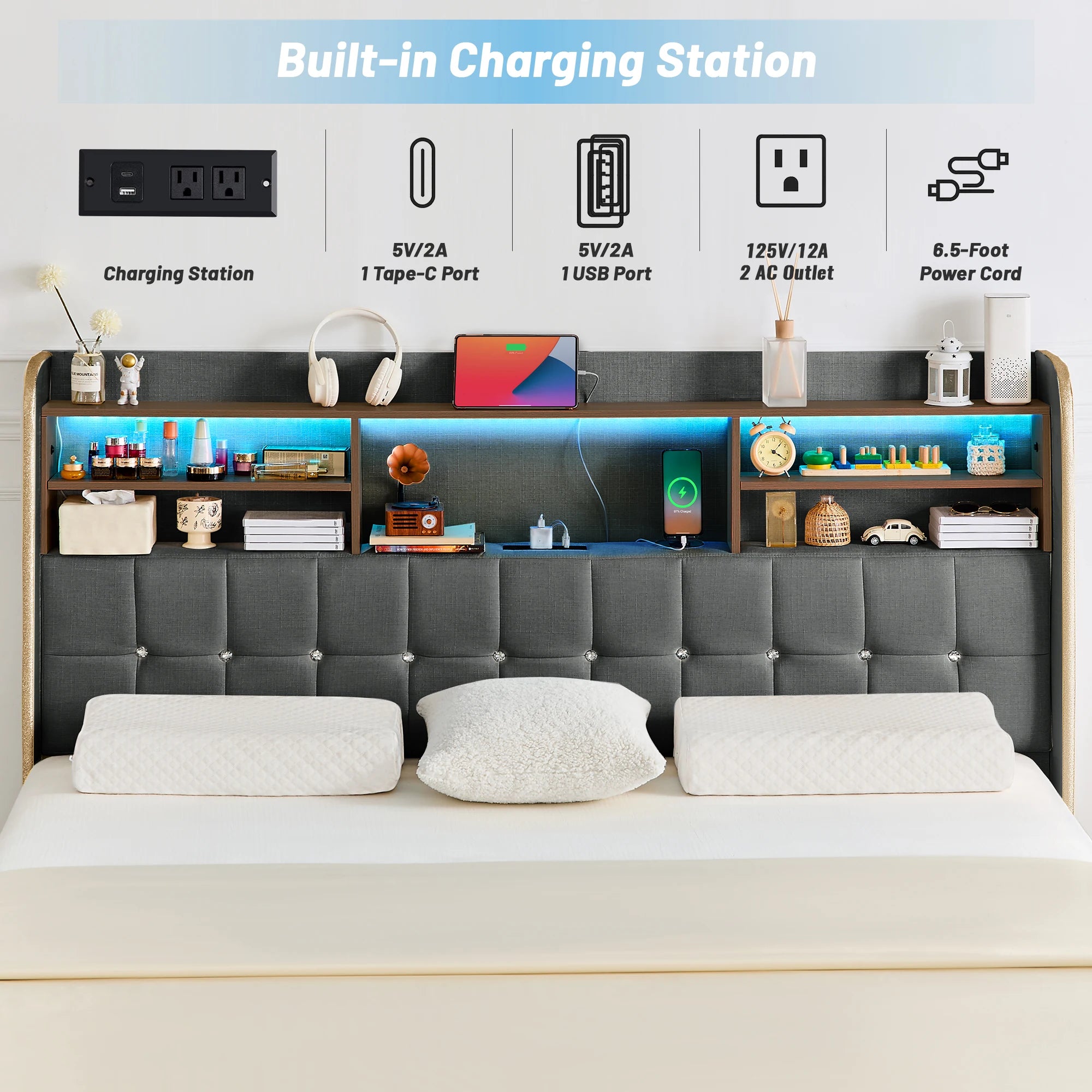 LED Upholstered Platform Bed Frame with Storage Drawers & Bookcase Headboard – Charging Station