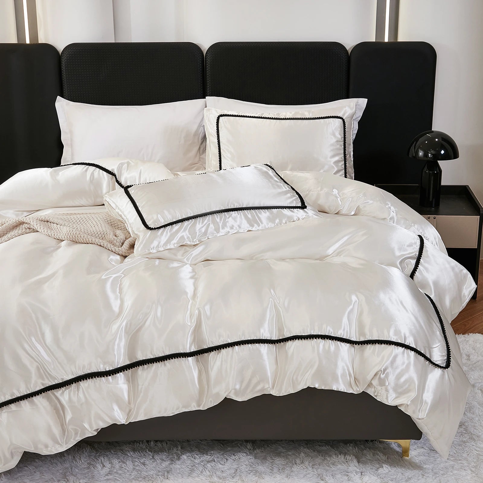 3PCS Satin Duvet Cover Set Silk White Black And Pink Bedding Comforter Cover Silky Luxury Silky Bed set Soft for All season