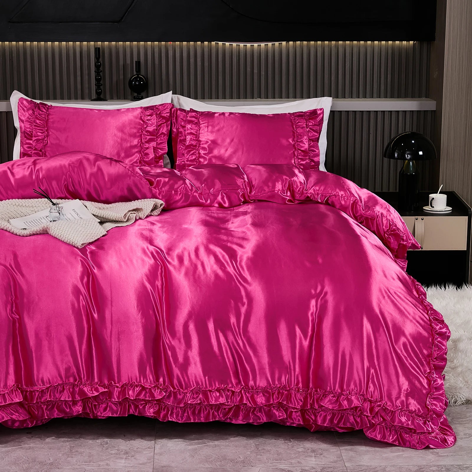 3PCS Satin Duvet Cover Set Silk White Khaki And Pink Bedding Comforter Cover Silky Ruffle Pattern Luxury Silky Bed set Soft