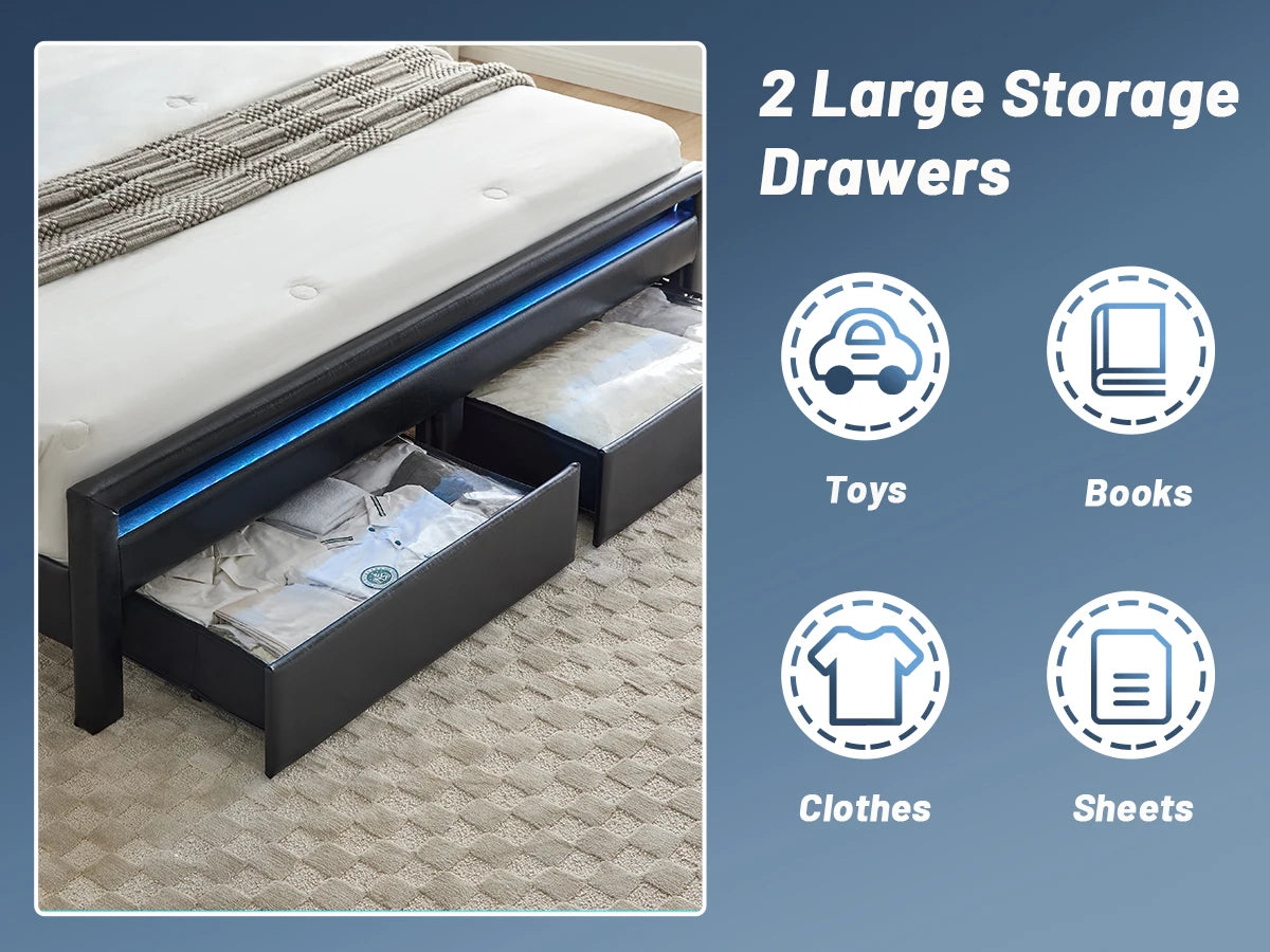 LED Upholstered Platform Bed Frame with Storage Drawers & Bookcase Headboard – Charging Station