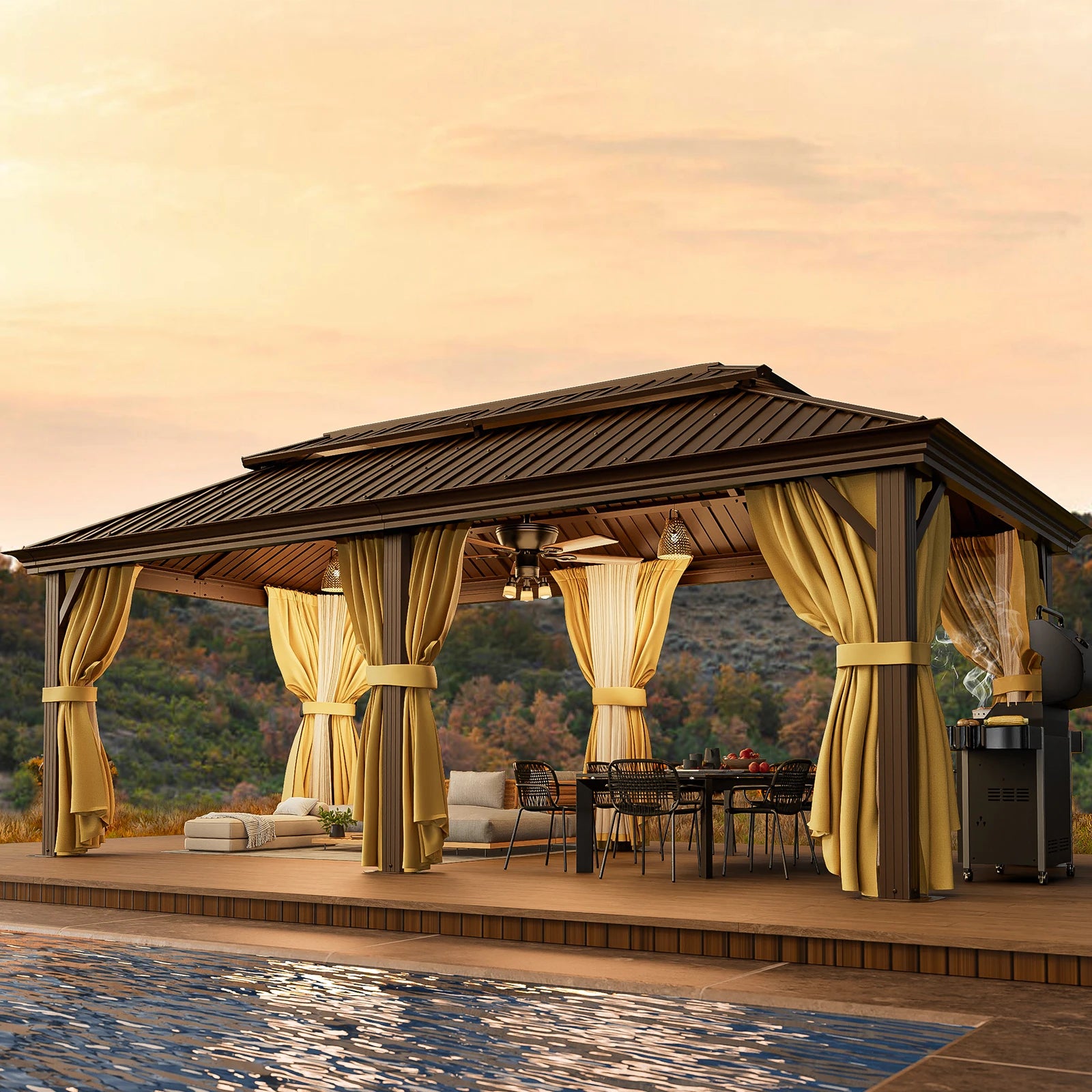 12×20 Hardtop Gazebo with Metal Roof, Heavy Duty Galvanized Steel Gazebo with Reinforced Aluminum Frame, Flame-Resistant Curtain