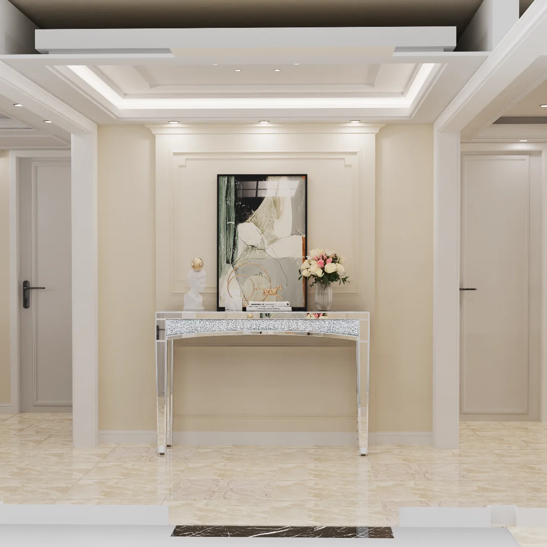 Silvered Mirrored Console Table Sparkle Crush Diamonds Entryway Table Sofa Behind Furniture