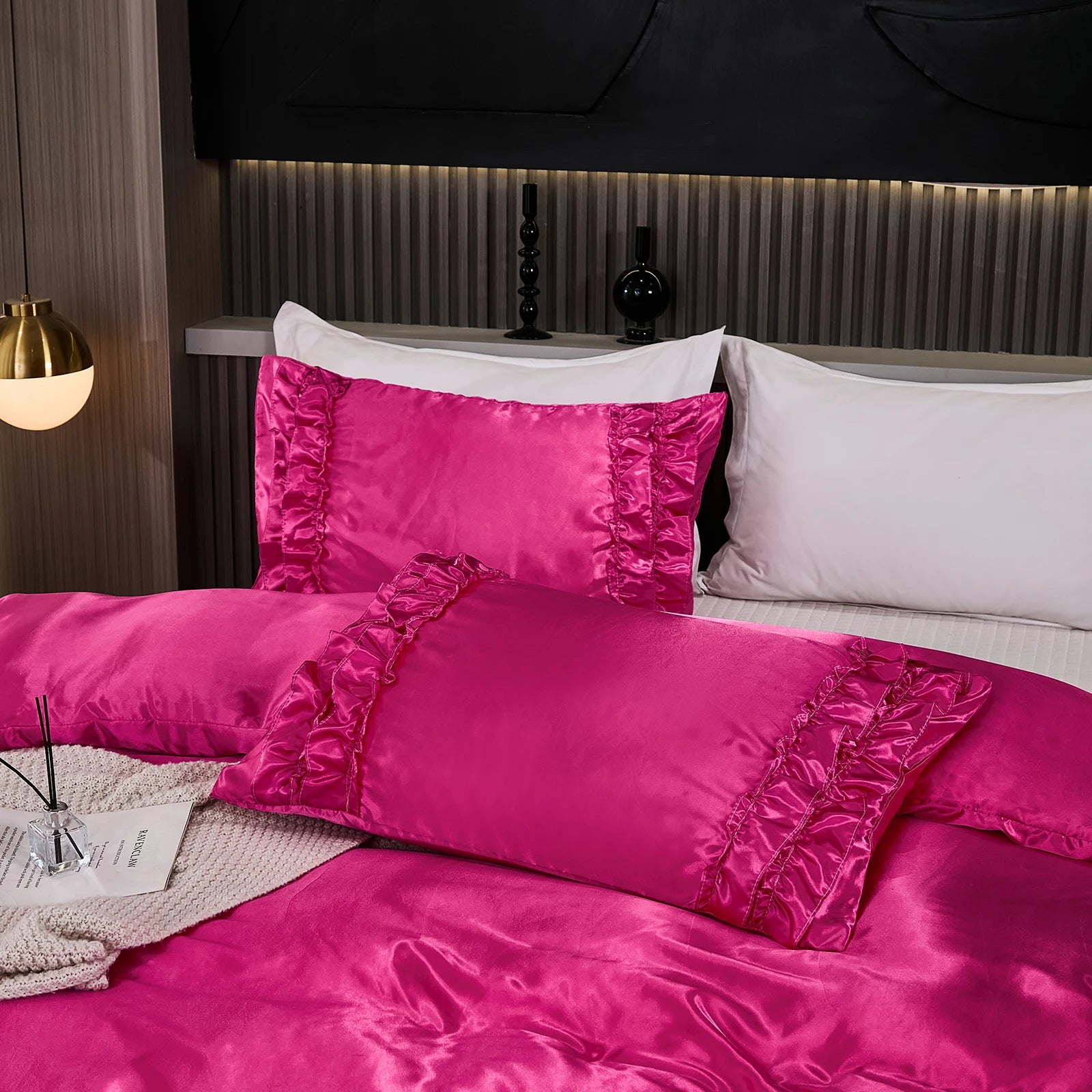 3PCS Satin Duvet Cover Set Silk White Khaki And Pink Bedding Comforter Cover Silky Ruffle Pattern Luxury Silky Bed set Soft