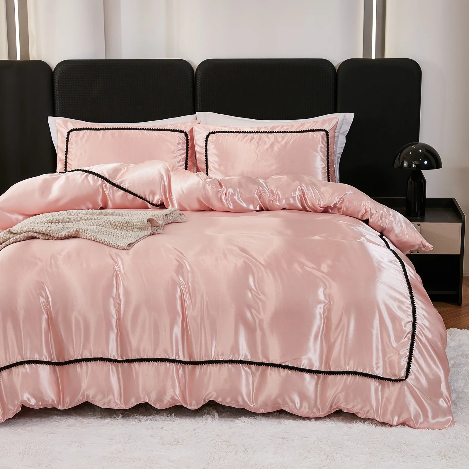 3PCS Satin Duvet Cover Set Silk White Black And Pink Bedding Comforter Cover Silky Luxury Silky Bed set Soft for All season