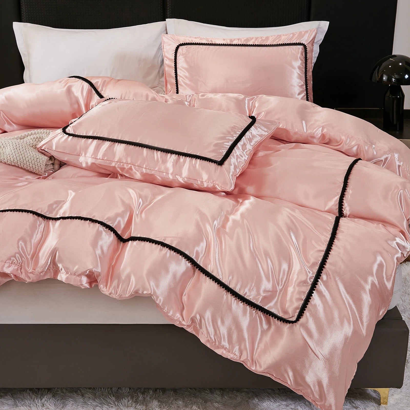 3PCS Satin Duvet Cover Set Silk White Black And Pink Bedding Comforter Cover Silky Luxury Silky Bed set Soft for All season
