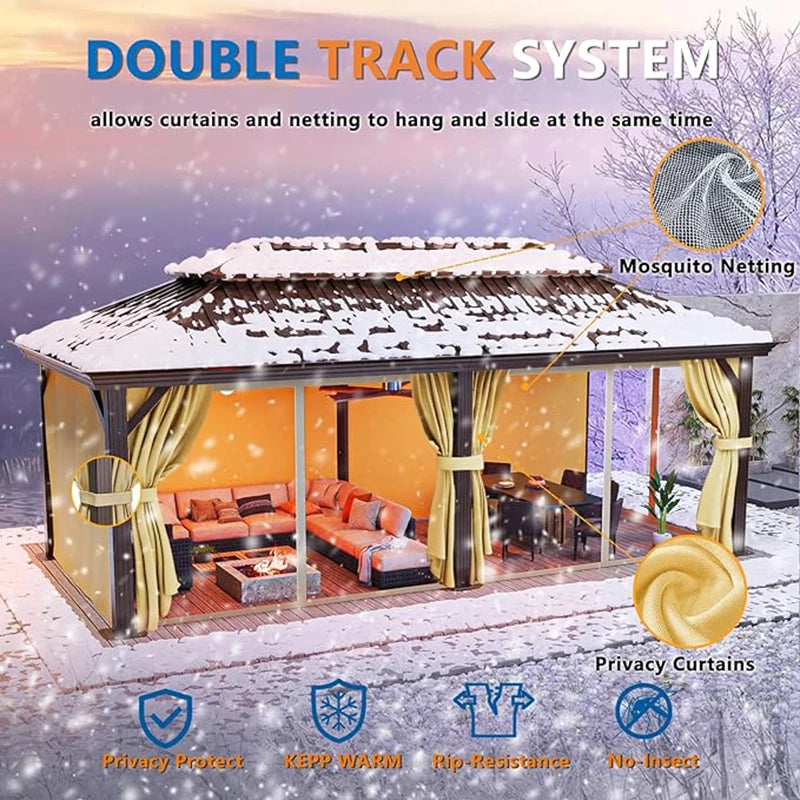 12×20 Hardtop Gazebo with Metal Roof, Heavy Duty Galvanized Steel Gazebo with Reinforced Aluminum Frame, Flame-Resistant Curtain