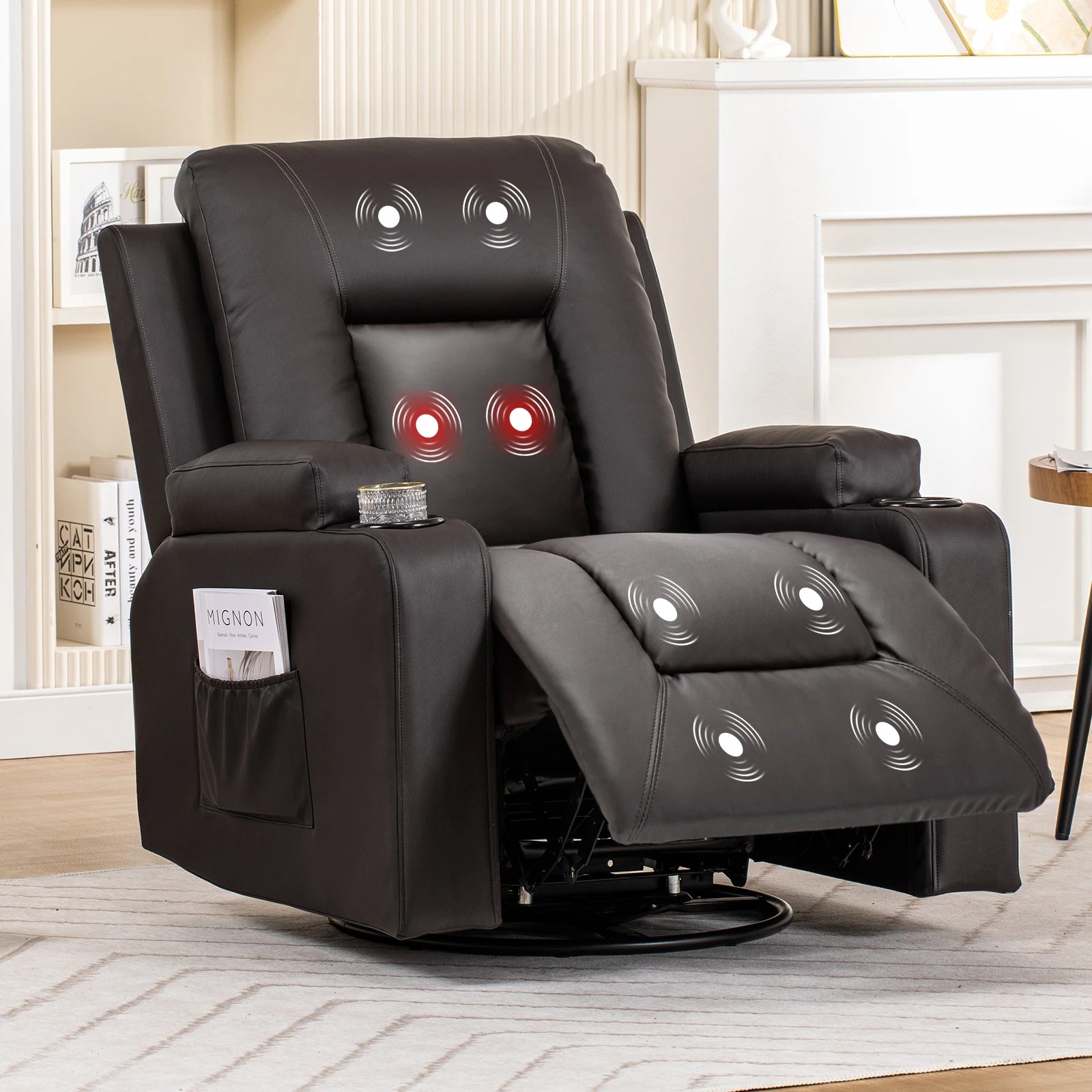 Recliner Chair, Pu Rocking Chair for Adults, Swivel Recliner with Cup Holders, Heat and Massage