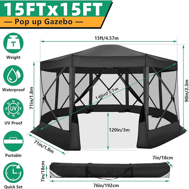 15x15ft Outdoor Tent Extra Large Pop-Up Gazebo Canopy Tent With Mosquito Netting Screened Shelter Pavilion With Ground Stakes