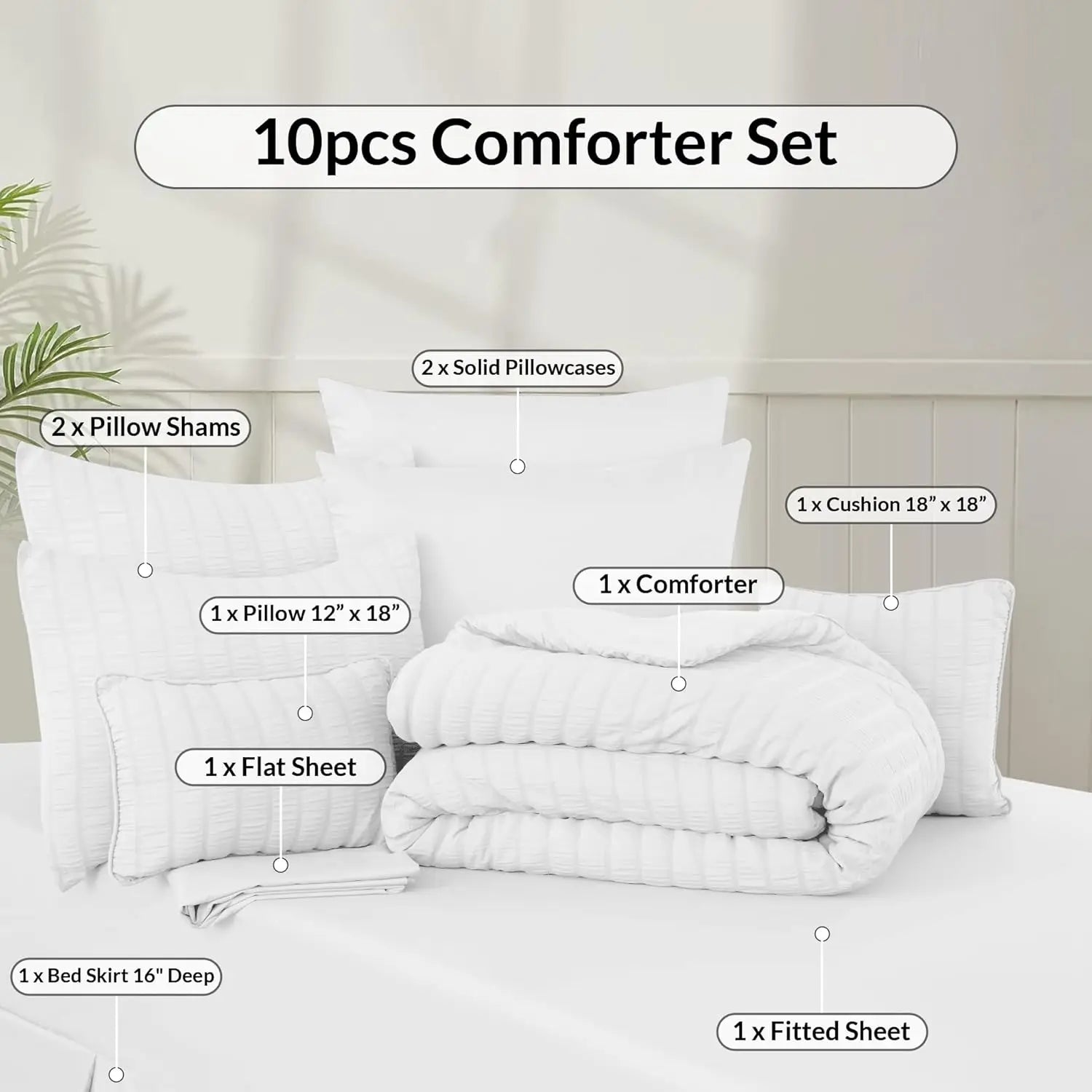 Lux Décor 10 Piece Comforter Set, Seersucker Lightweight Comforter Set with Sheets, Bed in a Bag Bedding Set for All Seasons