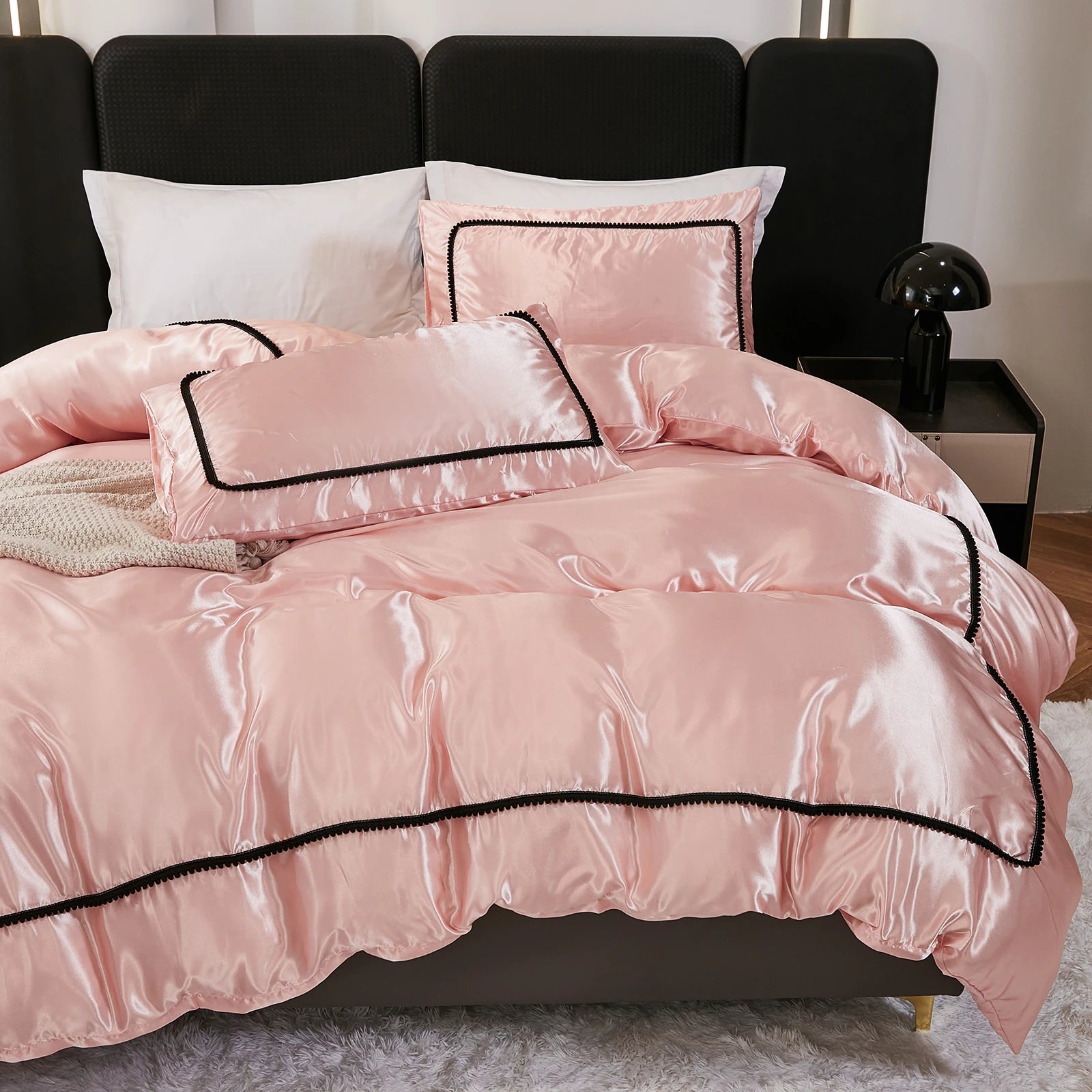 3PCS Satin Duvet Cover Set Silk White Black And Pink Bedding Comforter Cover Silky Luxury Silky Bed set Soft for All season