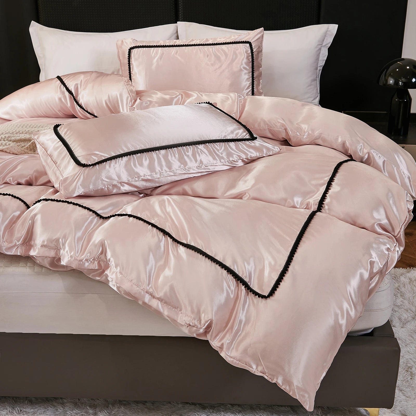 3PCS Satin Duvet Cover Set Silk White Black And Pink Bedding Comforter Cover Silky Luxury Silky Bed set Soft for All season