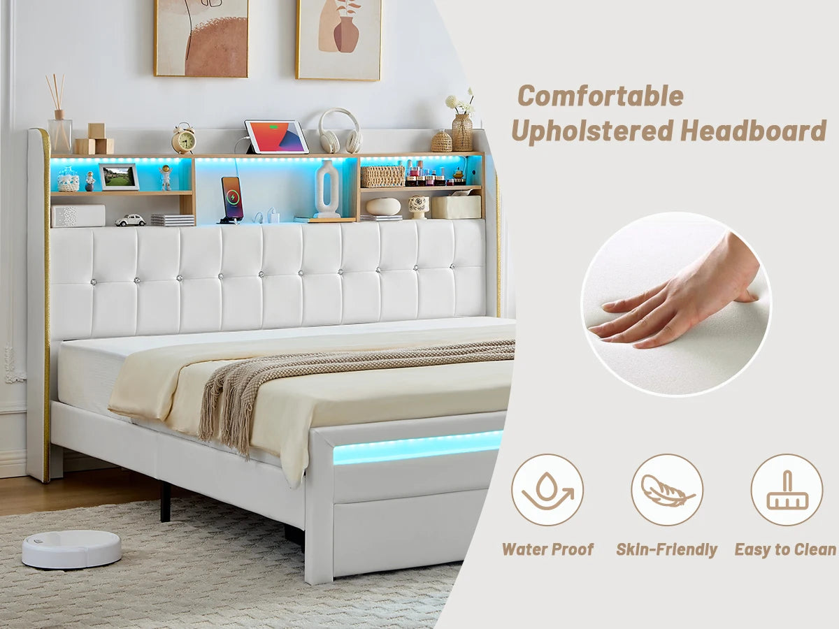 LED Upholstered Platform Bed Frame with Storage Drawers & Bookcase Headboard – Charging Station