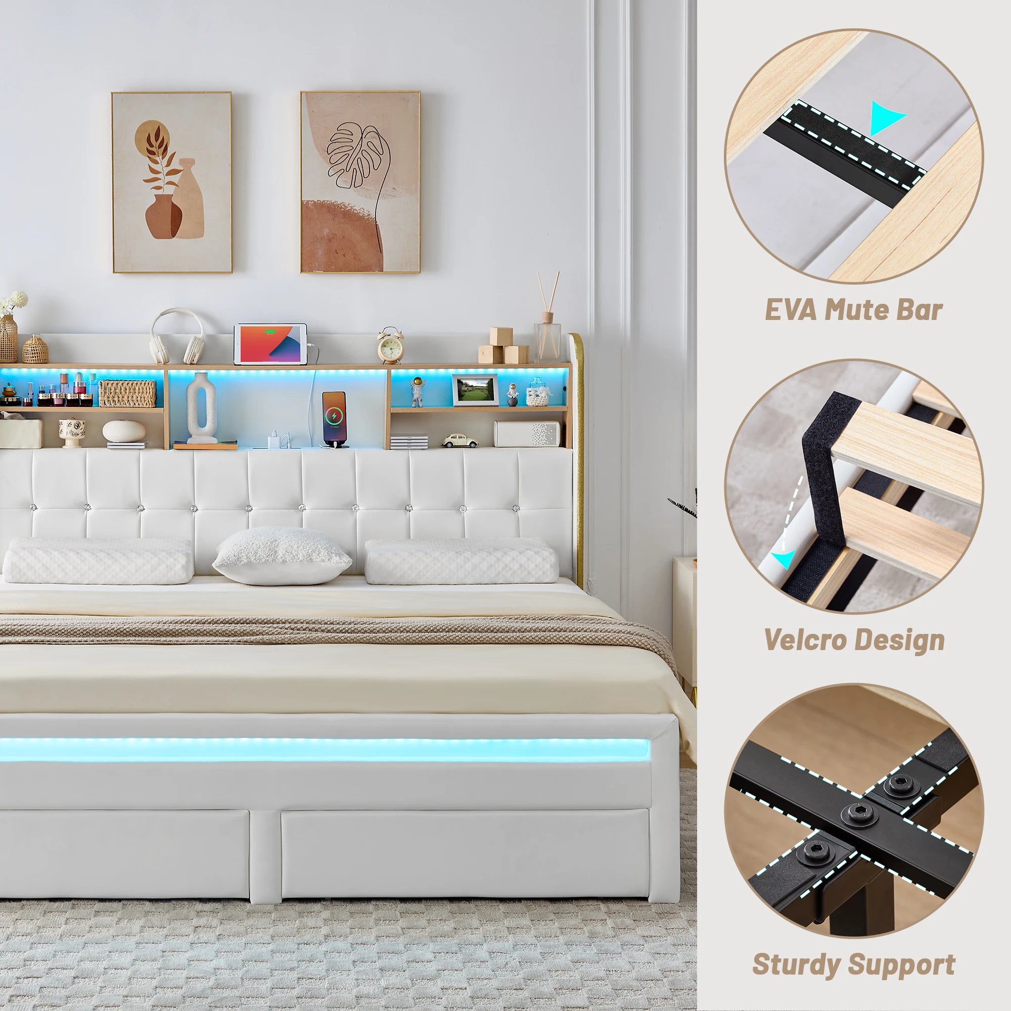 LED Upholstered Platform Bed Frame with Storage Drawers & Bookcase Headboard – Charging Station