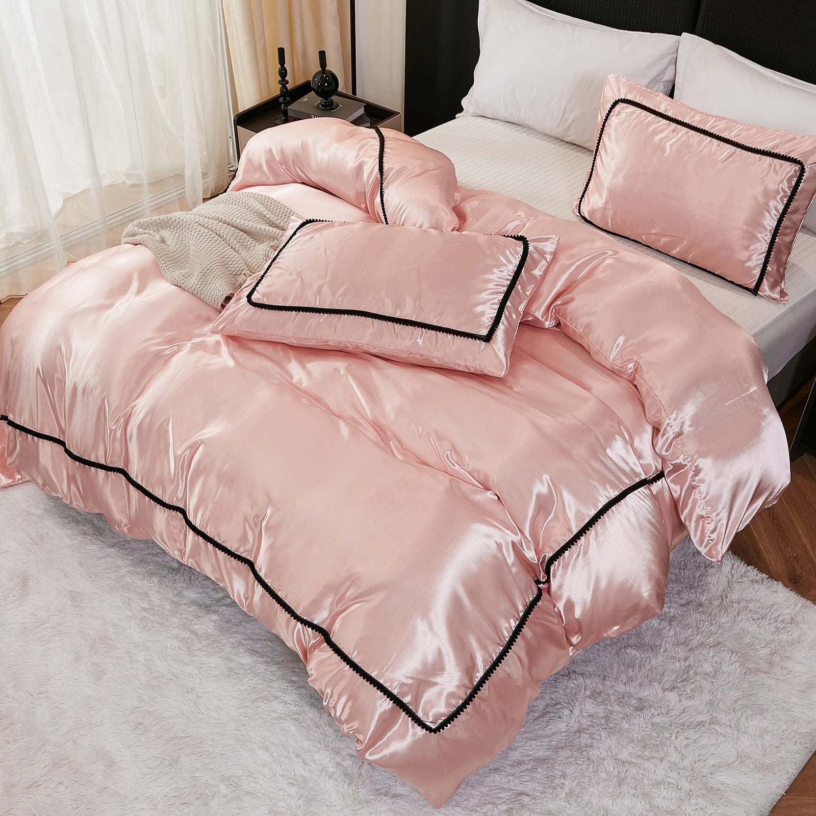 3PCS Satin Duvet Cover Set Silk White Black And Pink Bedding Comforter Cover Silky Luxury Silky Bed set Soft for All season