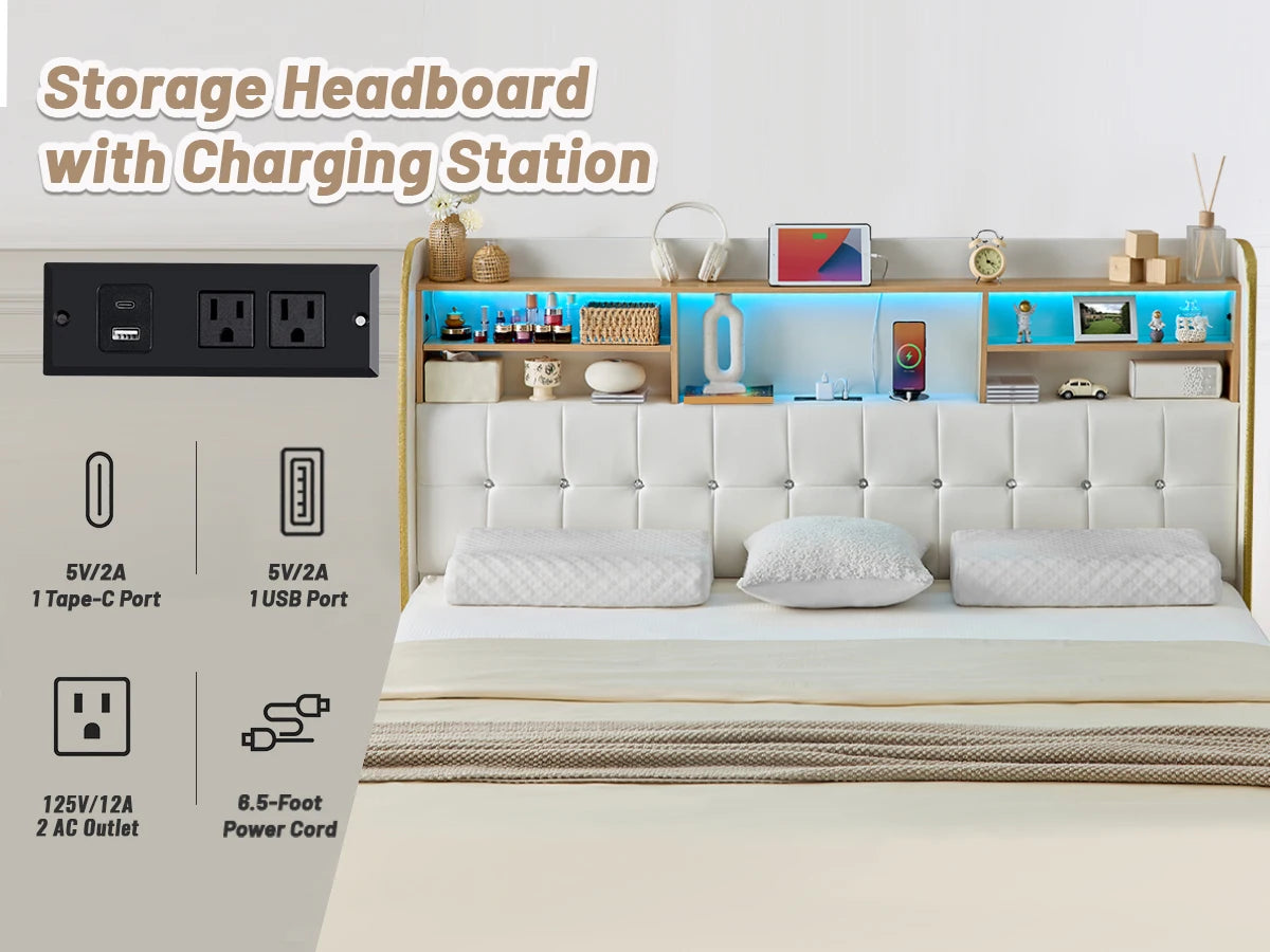 LED Upholstered Platform Bed Frame with Storage Drawers & Bookcase Headboard – Charging Station