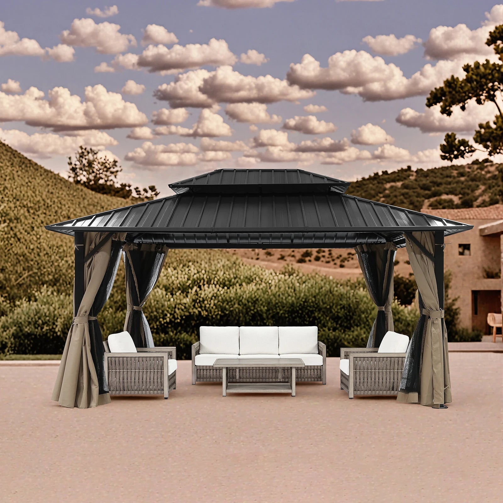 12' x 16' Outdoor Hardtop Gazebo with Aluminum Frame, Double Steel Roof Patio Pergola with Netting and Curtains
