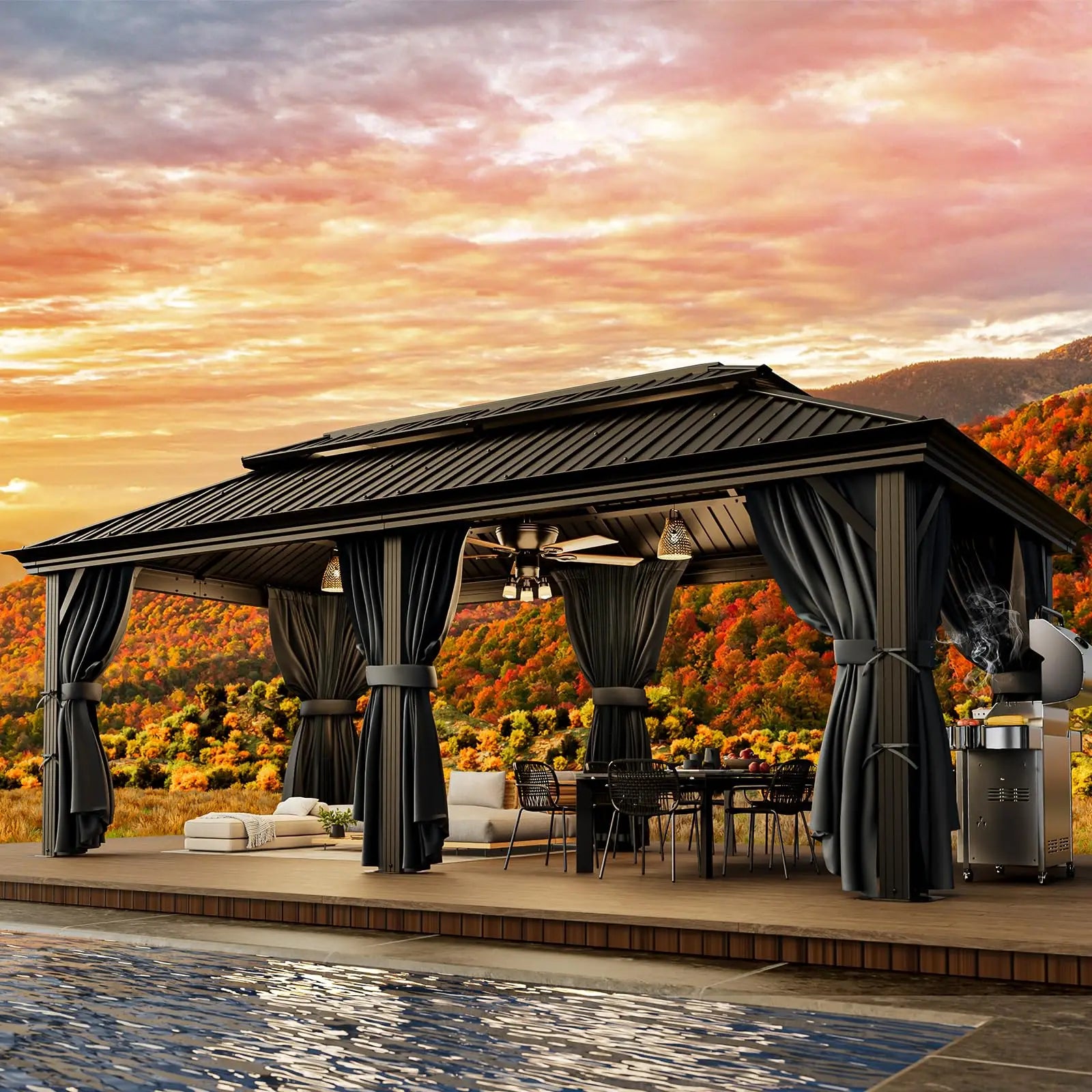 12×20 Hardtop Gazebo with Metal Roof, Heavy Duty Galvanized Steel Gazebo with Reinforced Aluminum Frame, Flame-Resistant Curtain