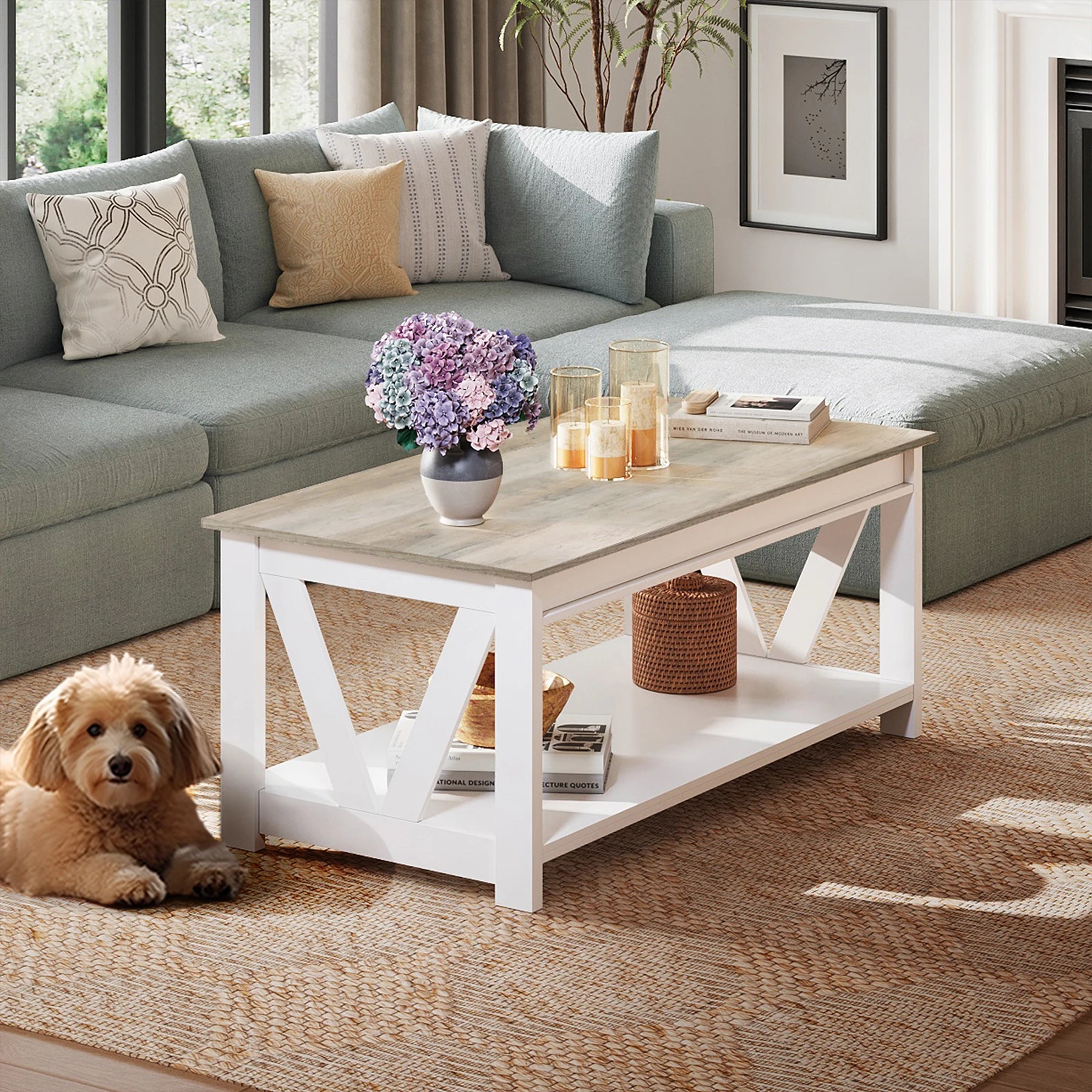 Farmhouse Wood Coffee Table with Storage Shelf – V-Shaped Support Center Table