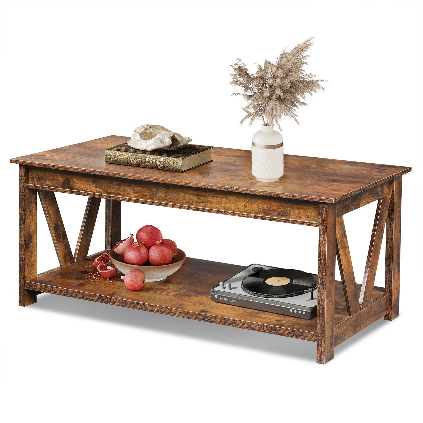 Farmhouse Wood Coffee Table with Storage Shelf – V-Shaped Support Center Table