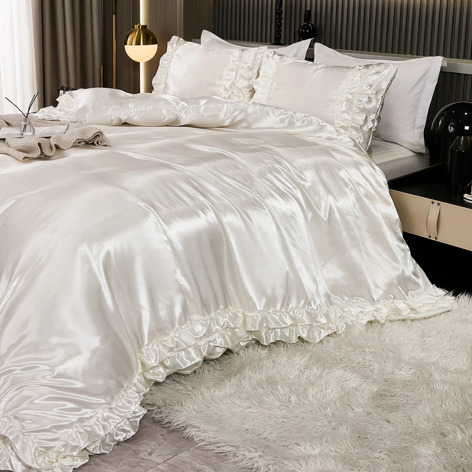 3PCS Satin Duvet Cover Set Silk White Khaki And Pink Bedding Comforter Cover Silky Ruffle Pattern Luxury Silky Bed set Soft