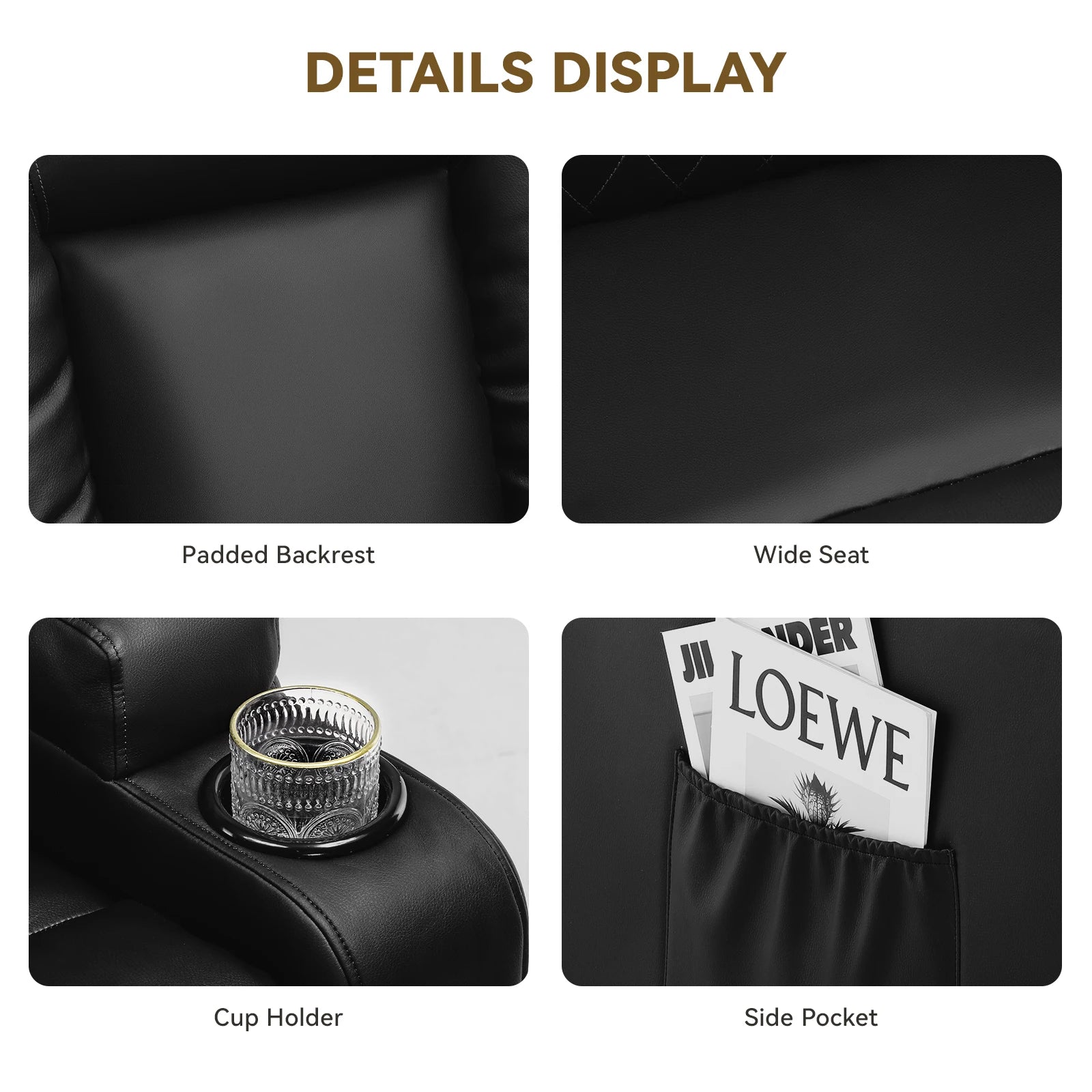 Recliner Chair, Pu Rocking Chair for Adults, Swivel Recliner with Cup Holders, Heat and Massage