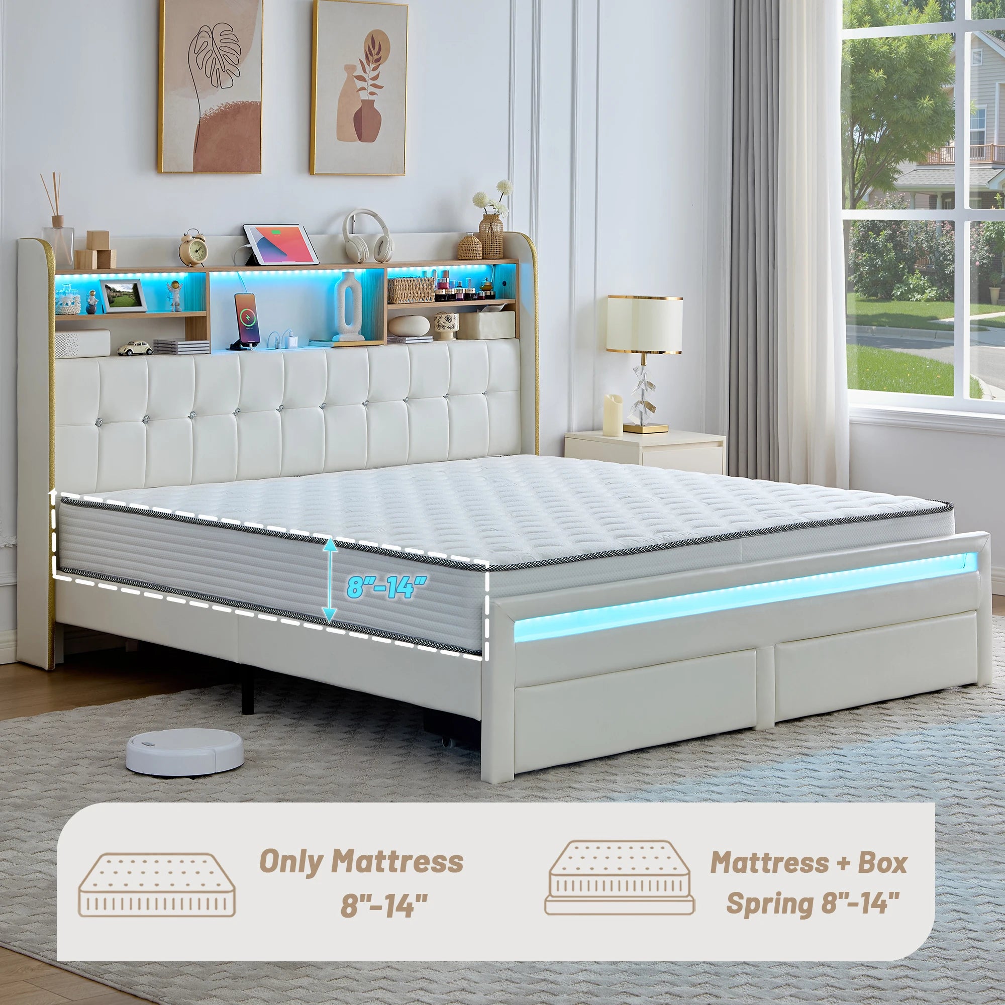 LED Upholstered Platform Bed Frame with Storage Drawers & Bookcase Headboard – Charging Station